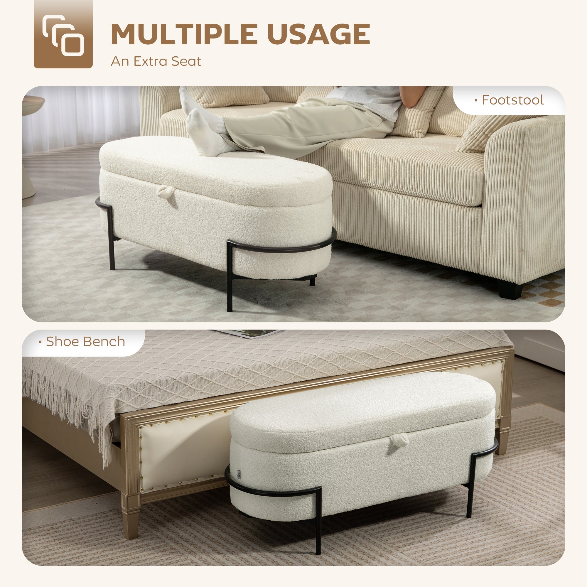 Storage Ottoman Bench, Foot Rest with Lift-Up Lid and Steel Legs, End of Bed Bench, 45 Inches Sherpa Fleece Storage Chest for Living Room, Bedroom, Entryway, Cream White