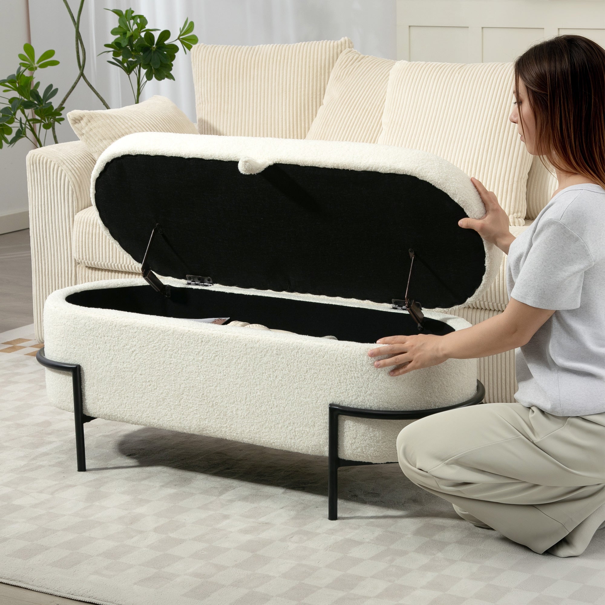 Storage Ottoman Bench, Foot Rest with Lift-Up Lid and Steel Legs, End of Bed Bench, 45 Inches Sherpa Fleece Storage Chest for Living Room, Bedroom, Entryway, Cream White