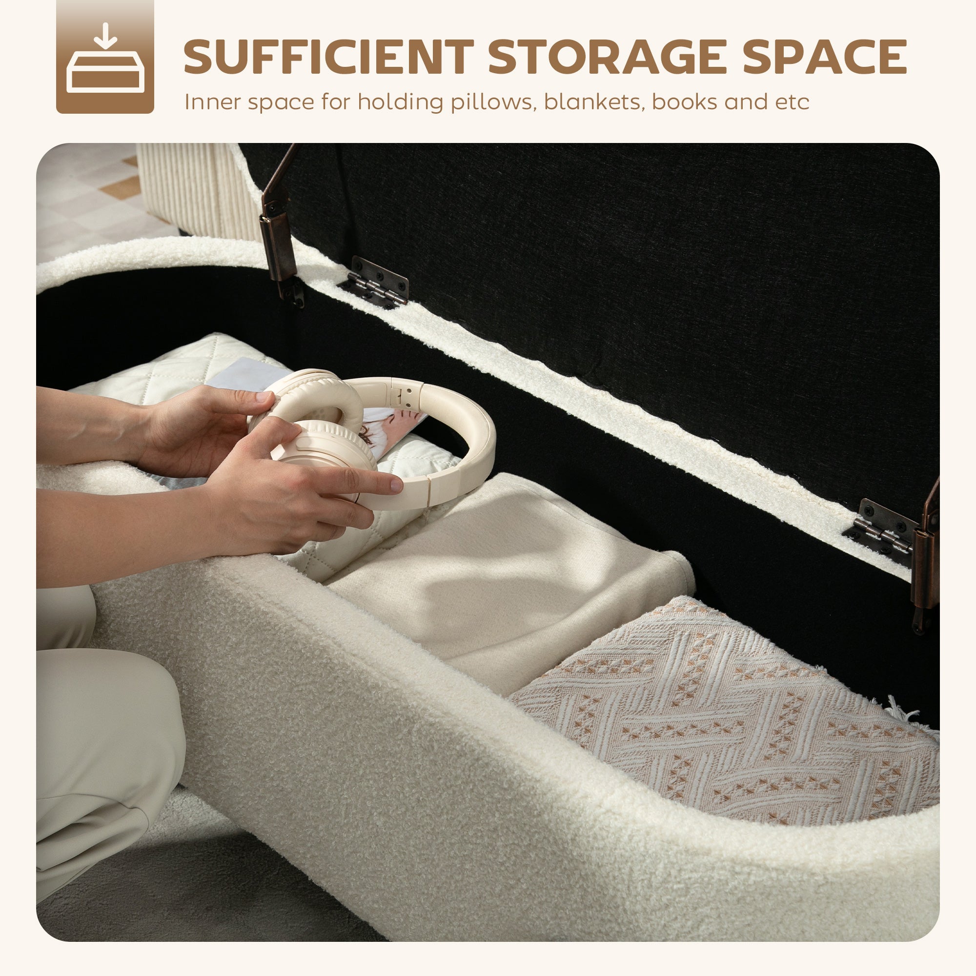 Storage Ottoman Bench, Foot Rest with Lift-Up Lid and Steel Legs, End of Bed Bench, 45 Inches Sherpa Fleece Storage Chest for Living Room, Bedroom, Entryway, Cream White