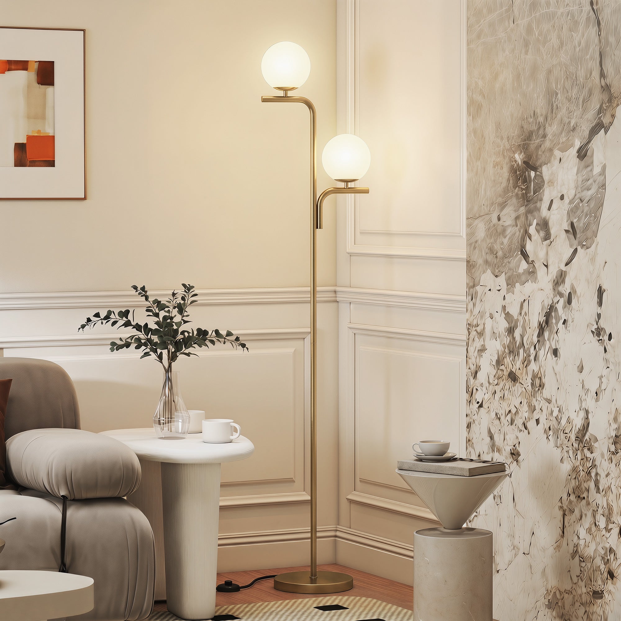 LED Floor Lamp, Modern Standing Lamp with 3 Colour Temperatures, Globe Glass Shades and Foot Switch, for Living Room Bedroom Home Office, Gold Tone