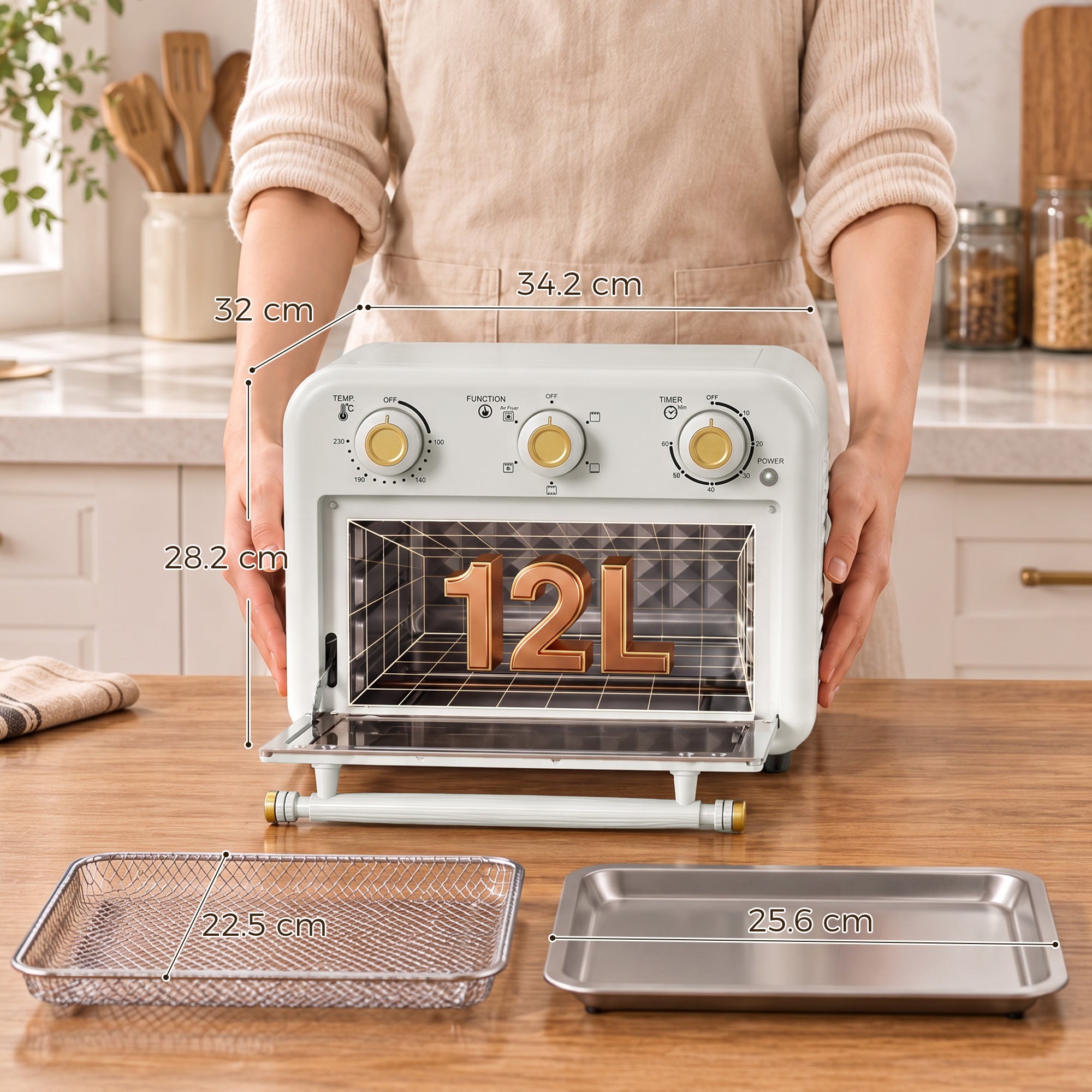 Air Fryer Oven, 12 L Small Convection Countertop Toaster Oven with Knob Controls, Baking Tray and Fry Basket, Adjustable Temperature, Timer, Dishwasher Safe, 1200W, Steel, Cream White