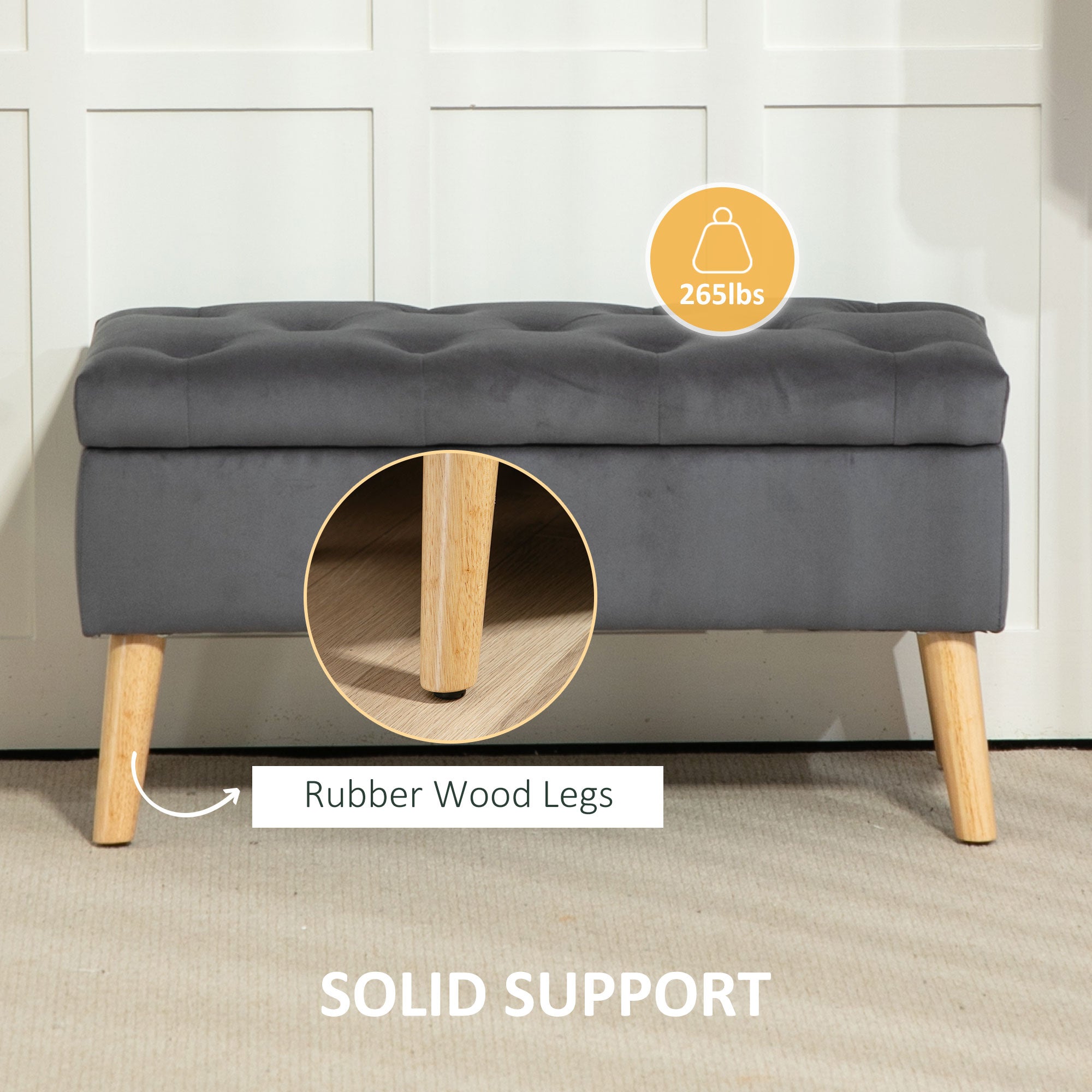 HOMCOM Storage Ottoman with Lid, Velvet Upholstered Storage Bench, Foot Stool with Wood Legs for Living Room, Bedroom, Entryway, 31.5" x 13.8" x 15.7", Charcoal Grey