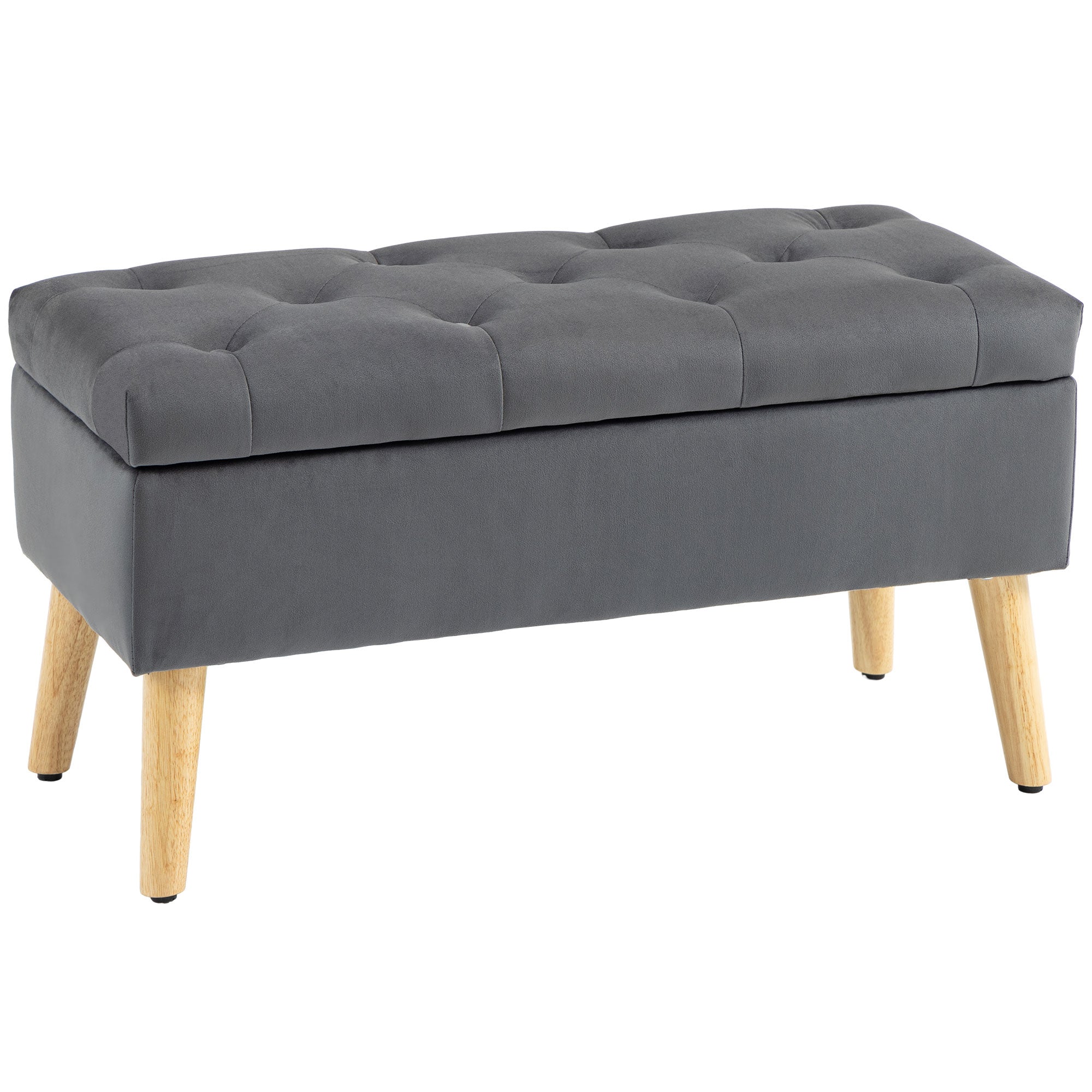 HOMCOM Storage Ottoman with Lid, Velvet Upholstered Storage Bench, Foot Stool with Wood Legs for Living Room, Bedroom, Entryway, 31.5" x 13.8" x 15.7", Charcoal Grey