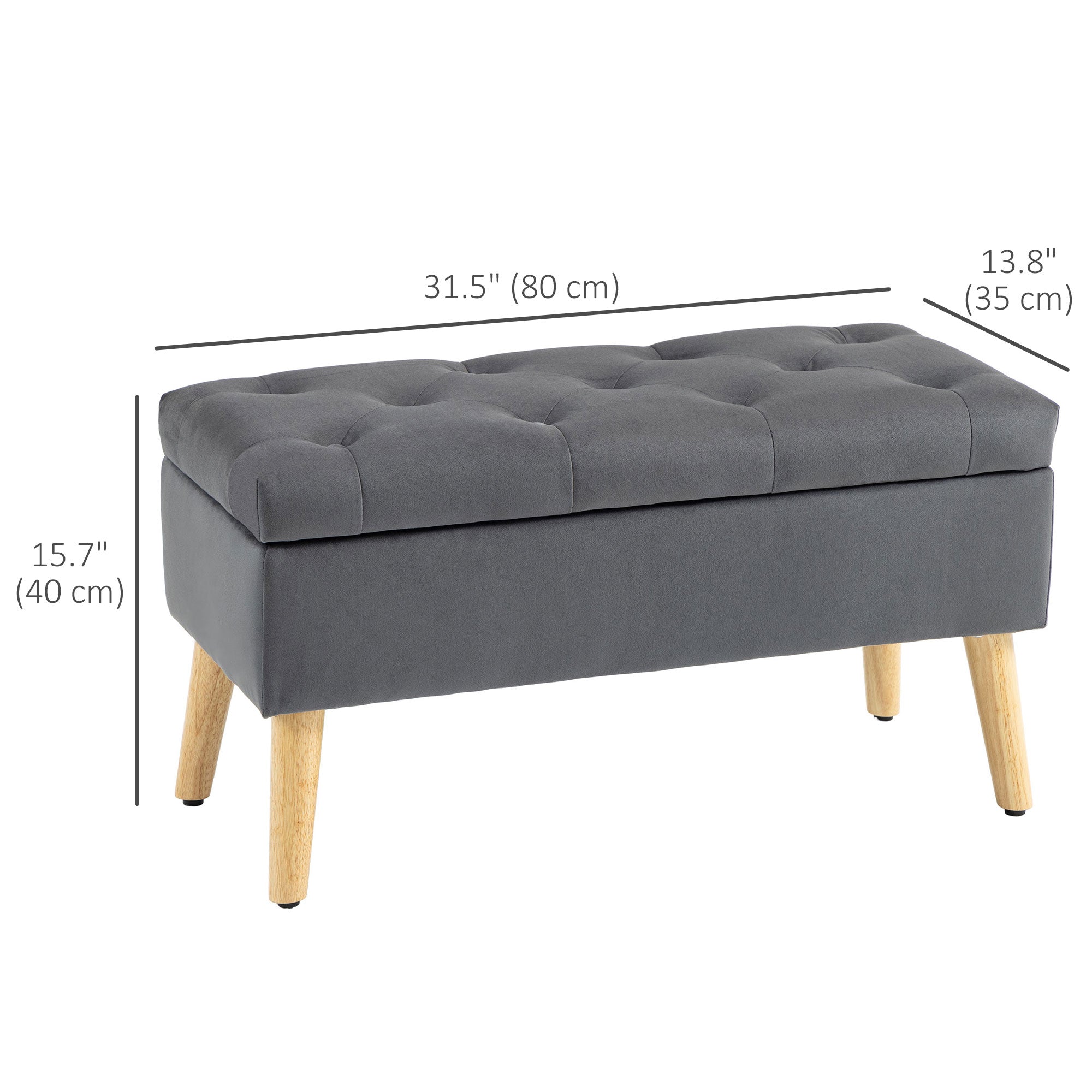 HOMCOM Storage Ottoman with Lid, Velvet Upholstered Storage Bench, Foot Stool with Wood Legs for Living Room, Bedroom, Entryway, 31.5" x 13.8" x 15.7", Charcoal Grey