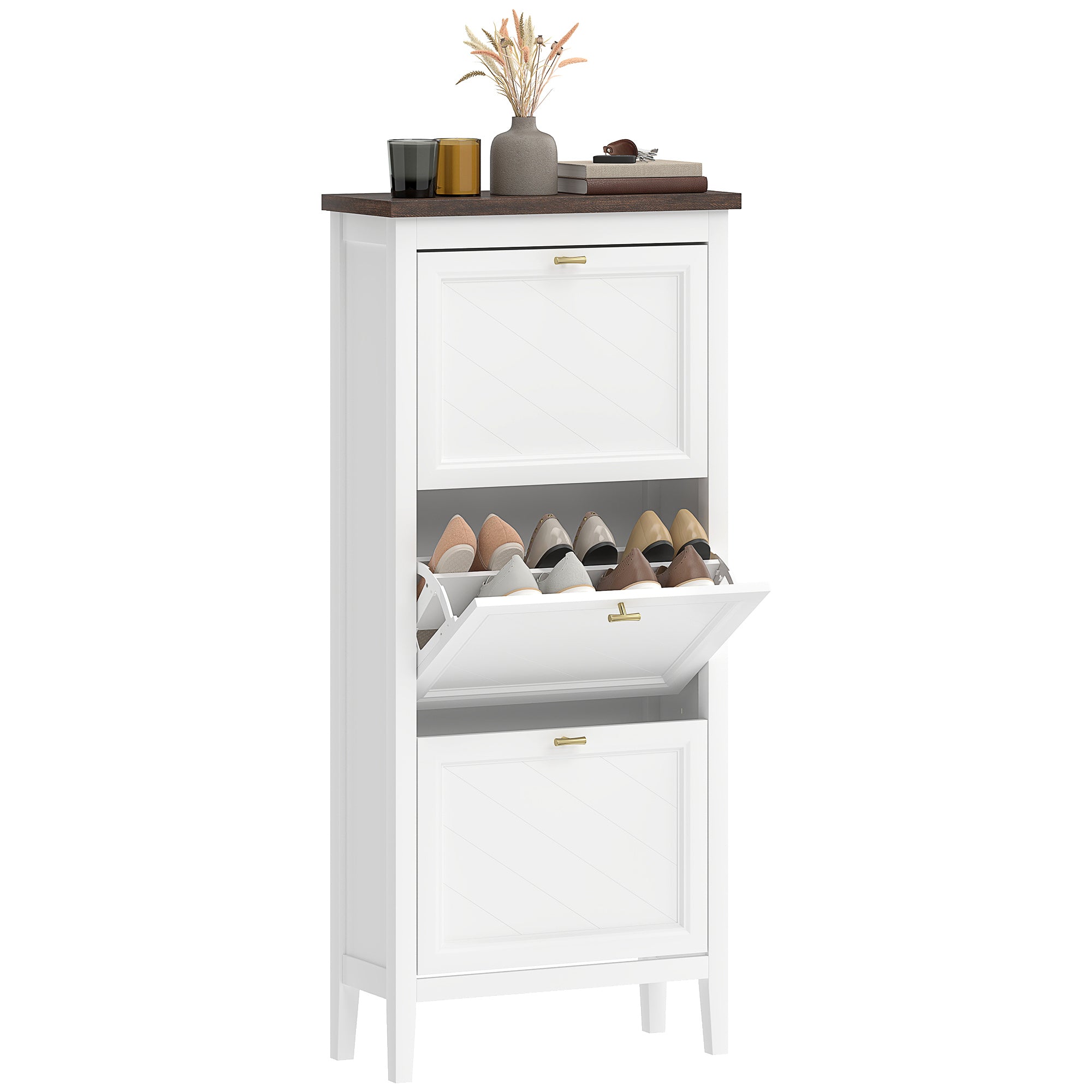 Shoe Cabinet with 3 Flip Drawers, Farmhouse Narrow Shoe Storage Cabinet with Adjustable Shelves, Freestanding for Entryway, Hallway, Living Room, Holds 12-18 Pairs, White