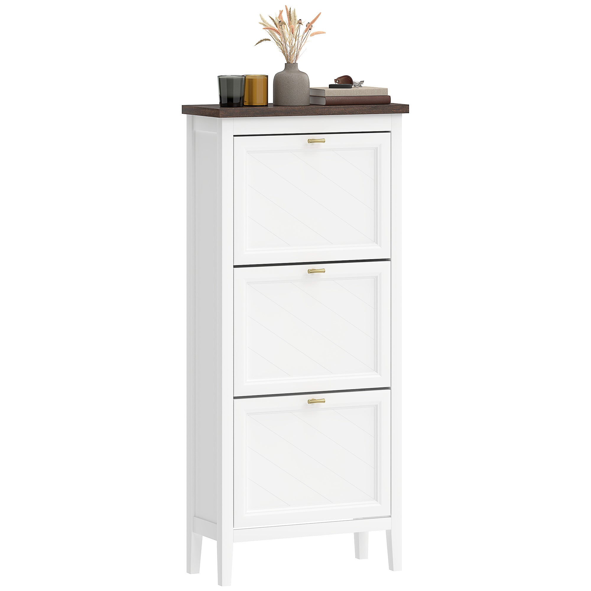Shoe Cabinet with 3 Flip Drawers, Farmhouse Narrow Shoe Storage Cabinet with Adjustable Shelves, Freestanding for Entryway, Hallway, Living Room, Holds 12-18 Pairs, White