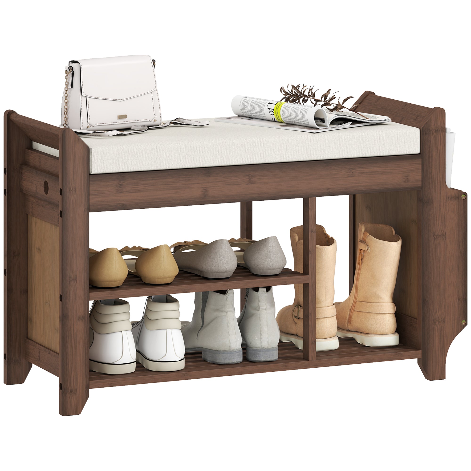 Shoe Bench with Cushioned Seat, Shoe Storage Bench with Side Holder and Boot Section, 2-Tier Natural Bamboo Entryway Rack for Hallway, Living Room, 100 x 30 x 50 cm, Dark Brown and Cream