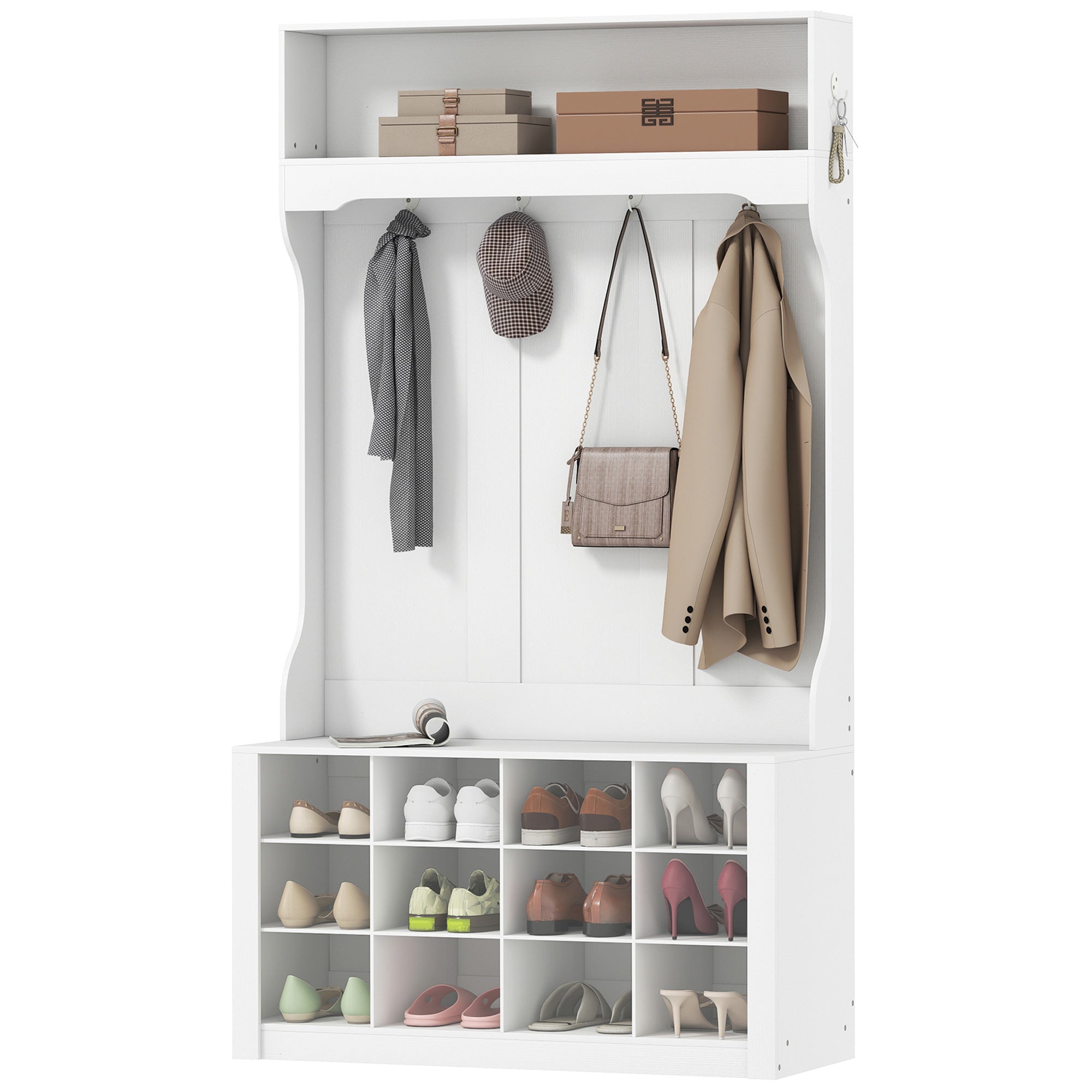 4-In-1 Hall Tree with Bench and Shoe Storage, Farmhouse Entryway Coat Rack Shoe Bench with 12 Shoe Cubbies, 6 Hooks and Open Shelf for Hallway, White