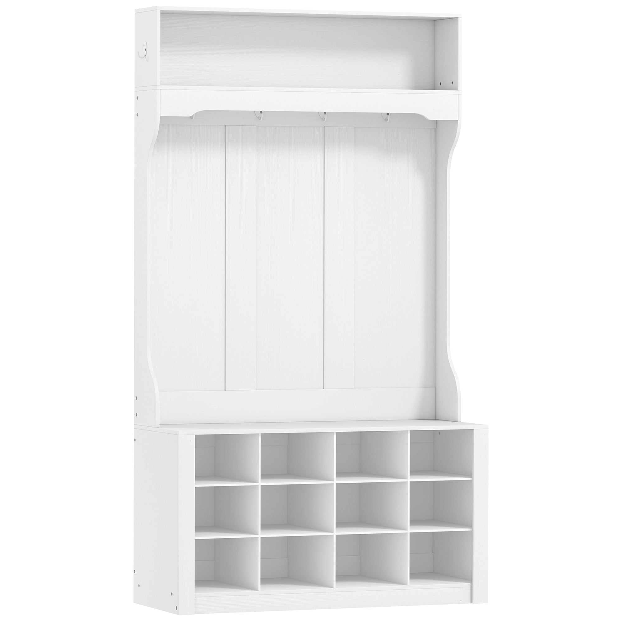 4-In-1 Hall Tree with Bench and Shoe Storage, Farmhouse Entryway Coat Rack Shoe Bench with 12 Shoe Cubbies, 6 Hooks and Open Shelf for Hallway, White