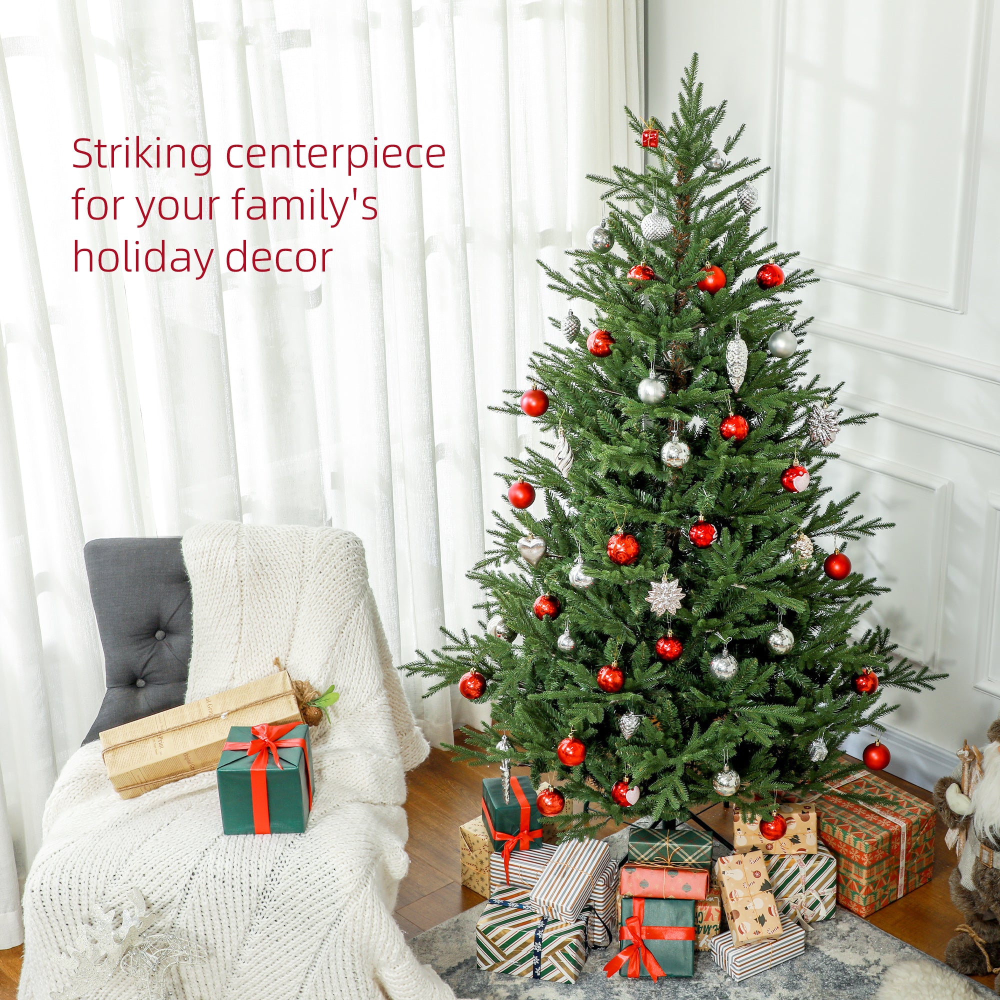 6ft Artificial Christmas Tree with 2380 Tips, Metal Base, Realistic Hinged Xmas Tree, Easy to Assemble, Green