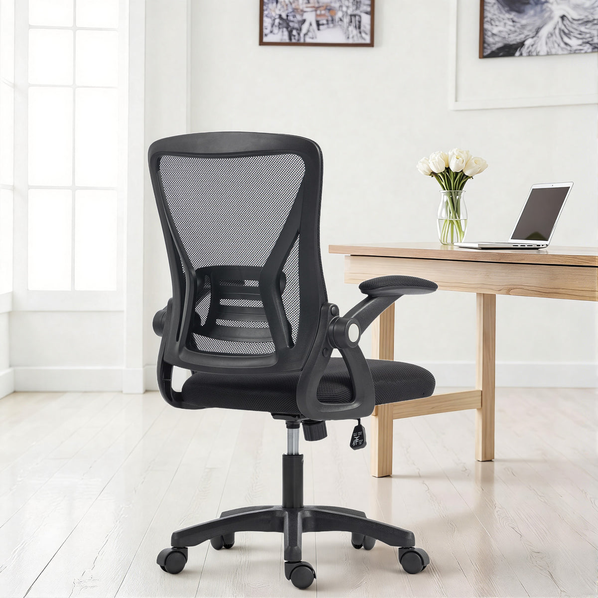 Ergonomic Office Chair, Mesh Desk Chair with Flip-up Armrests, Backrest, Lumbar Support, Adjustable Height, Swivel Wheels, Black