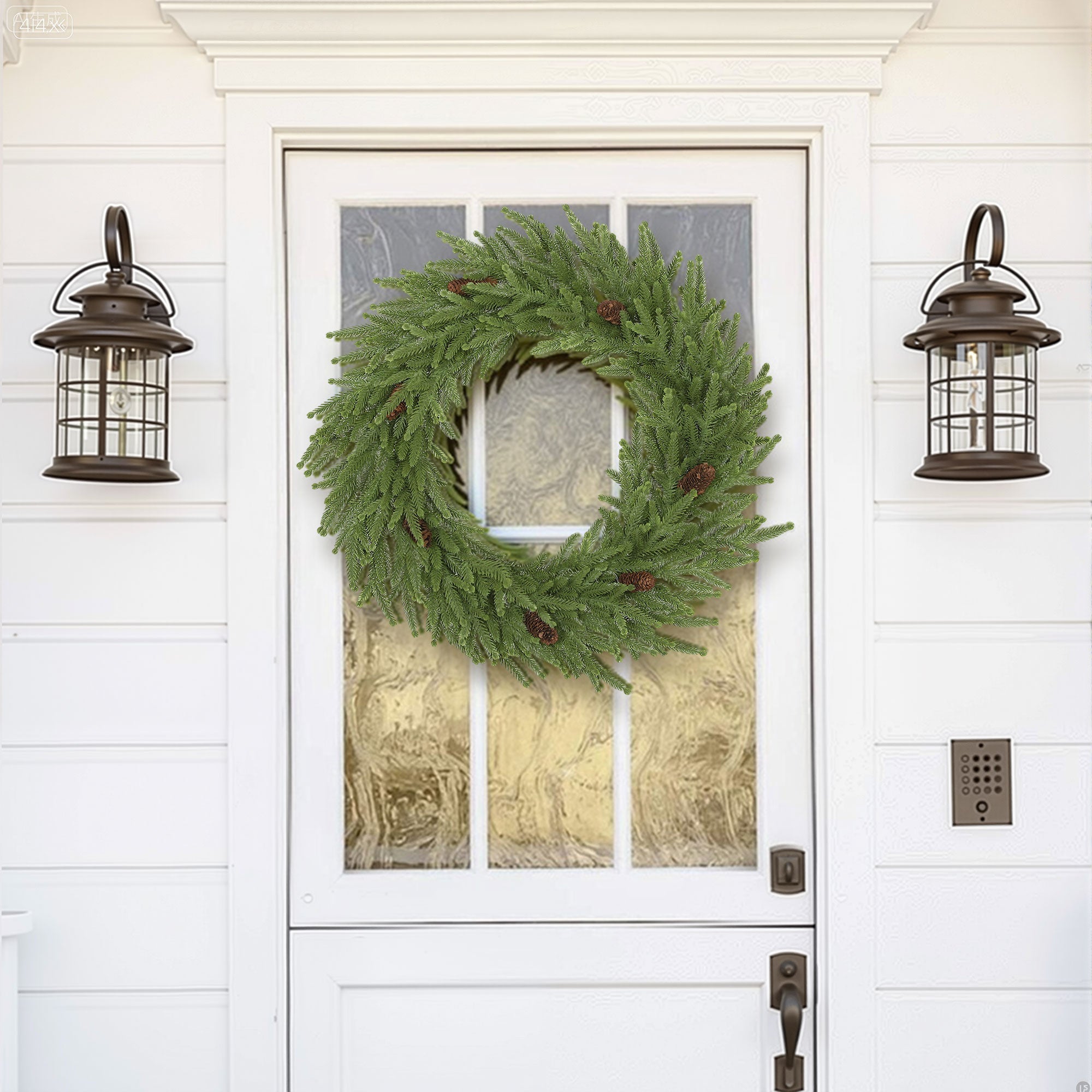 24 inch Christmas Wreath with Pine Cones, Artificial Norfolk Pine Wreath with 88 Realistic Branches for Door, Wall, Window, Indoor Decoration, Green