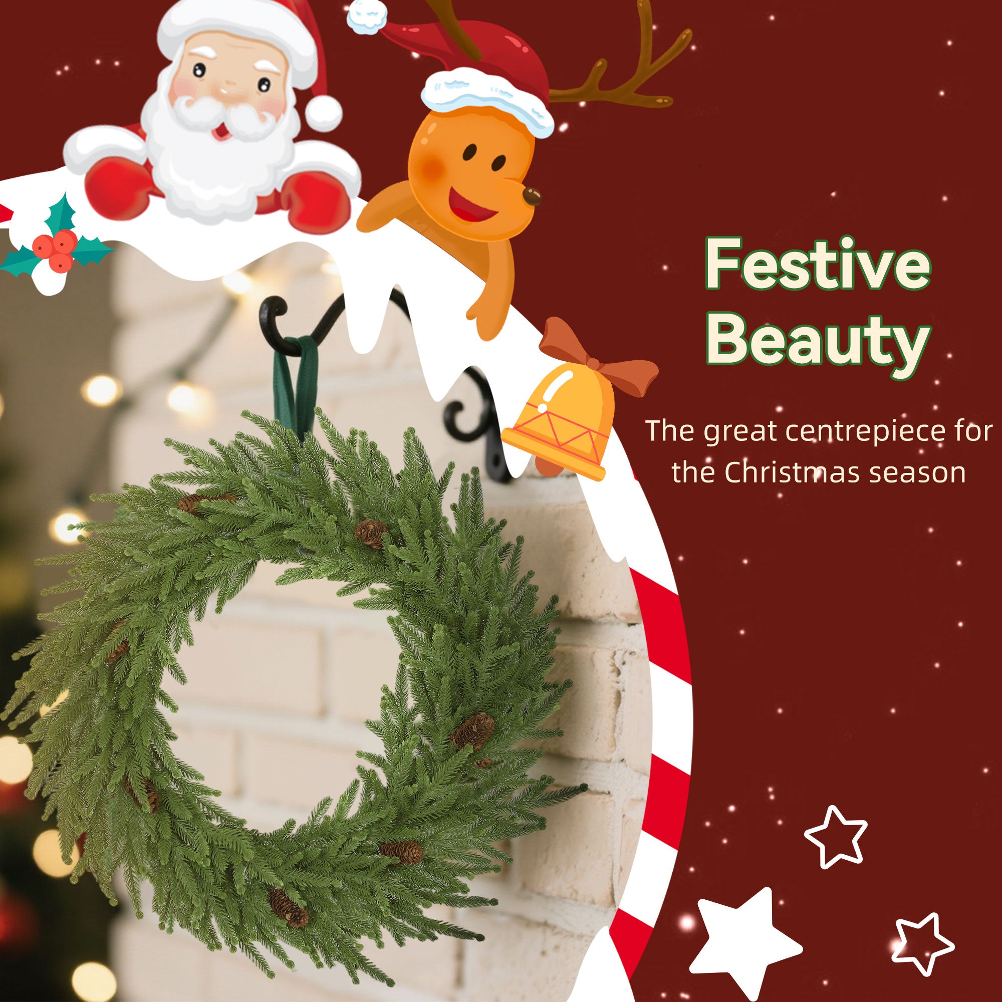 24 inch Christmas Wreath with Pine Cones, Artificial Norfolk Pine Wreath with 88 Realistic Branches for Door, Wall, Window, Indoor Decoration, Green