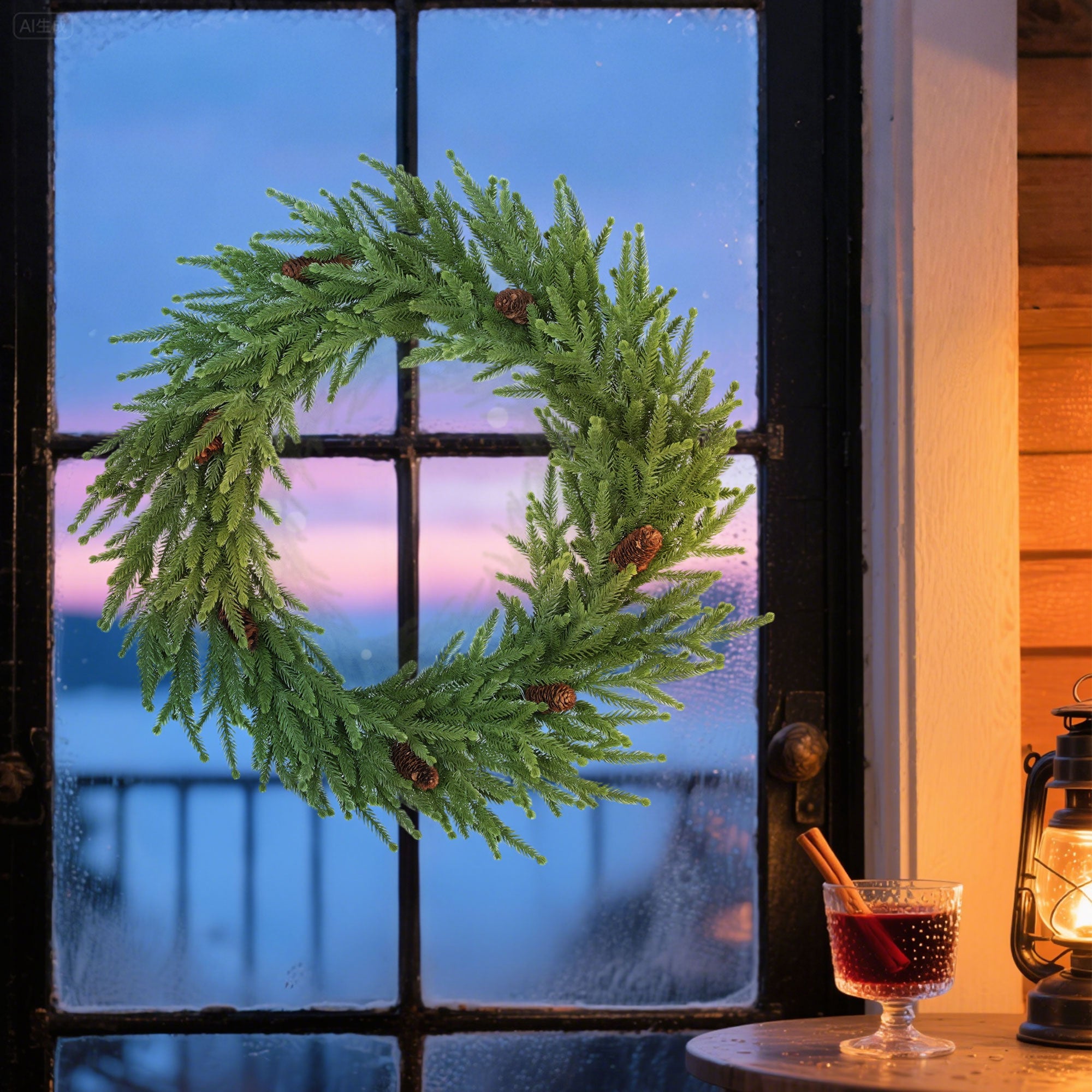 24 inch Christmas Wreath with Pine Cones, Artificial Norfolk Pine Wreath with 88 Realistic Branches for Door, Wall, Window, Indoor Decoration, Green