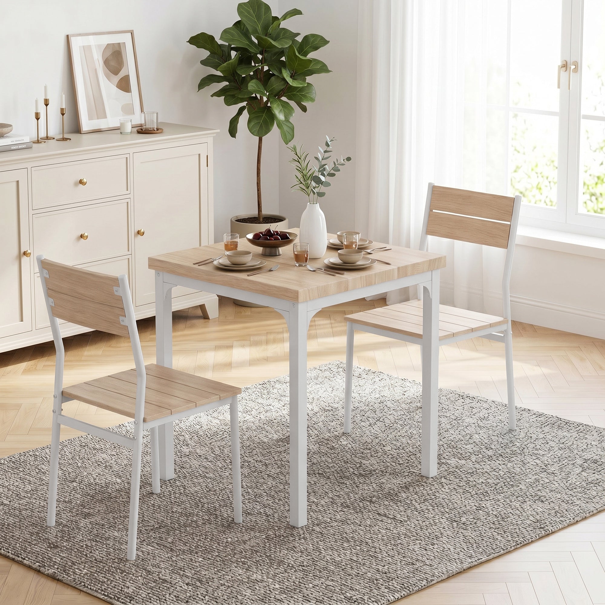 3 Pieces Modern Dining Table Set, Kitchen Table and Chairs for 2, Space Saving Design, Breakfast Nook Table Set with Steel Legs for Kitchen, Small Space, Oak Wood Effect