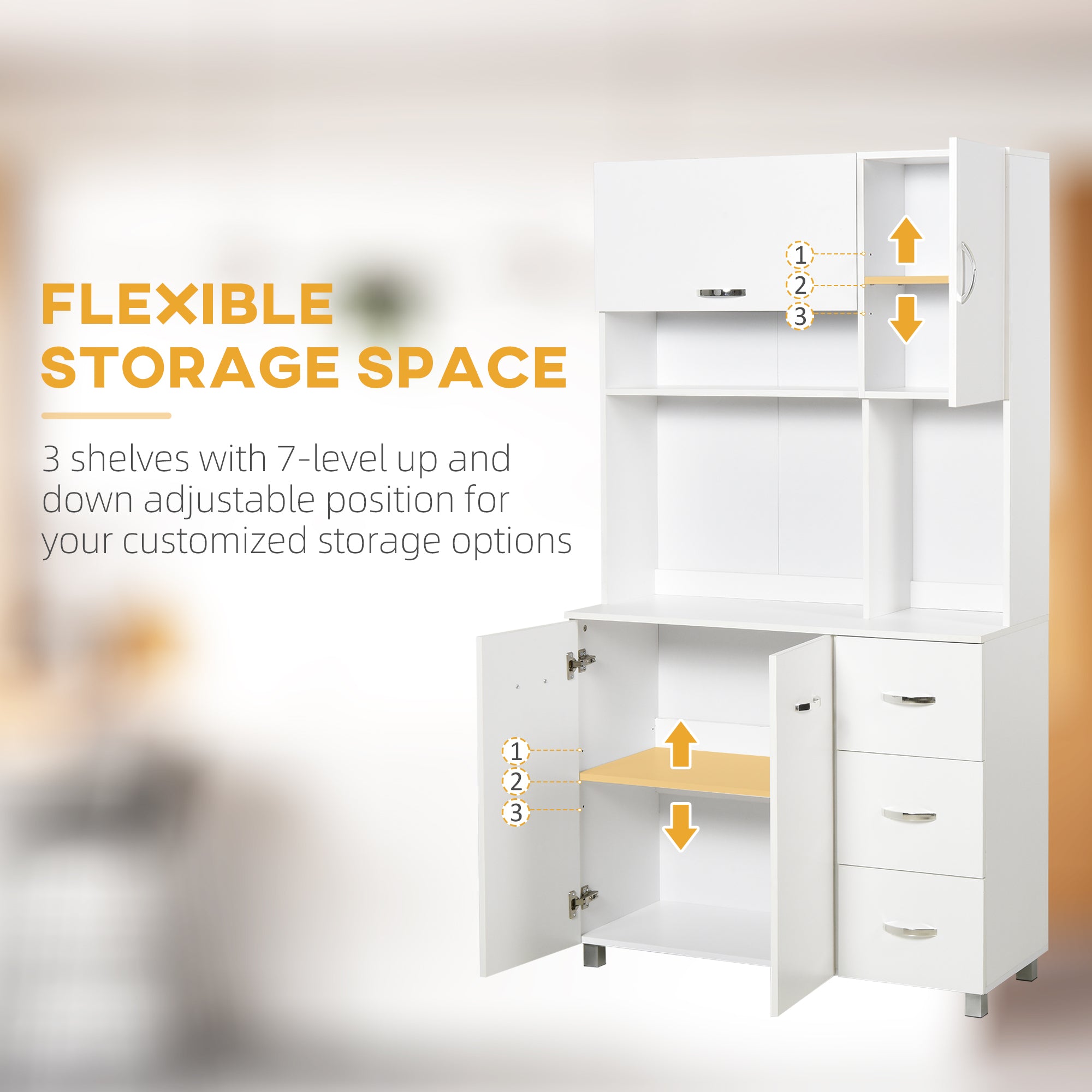 Kitchen Cupboard, 183cm Tall Storage Cabinet with Countertop, Sideboard with 3 Small Drawers, Flip Up Top Door, 3 Cabinet Doors and Open Shelves, 100W x 39.5D x 183.5H cm, White