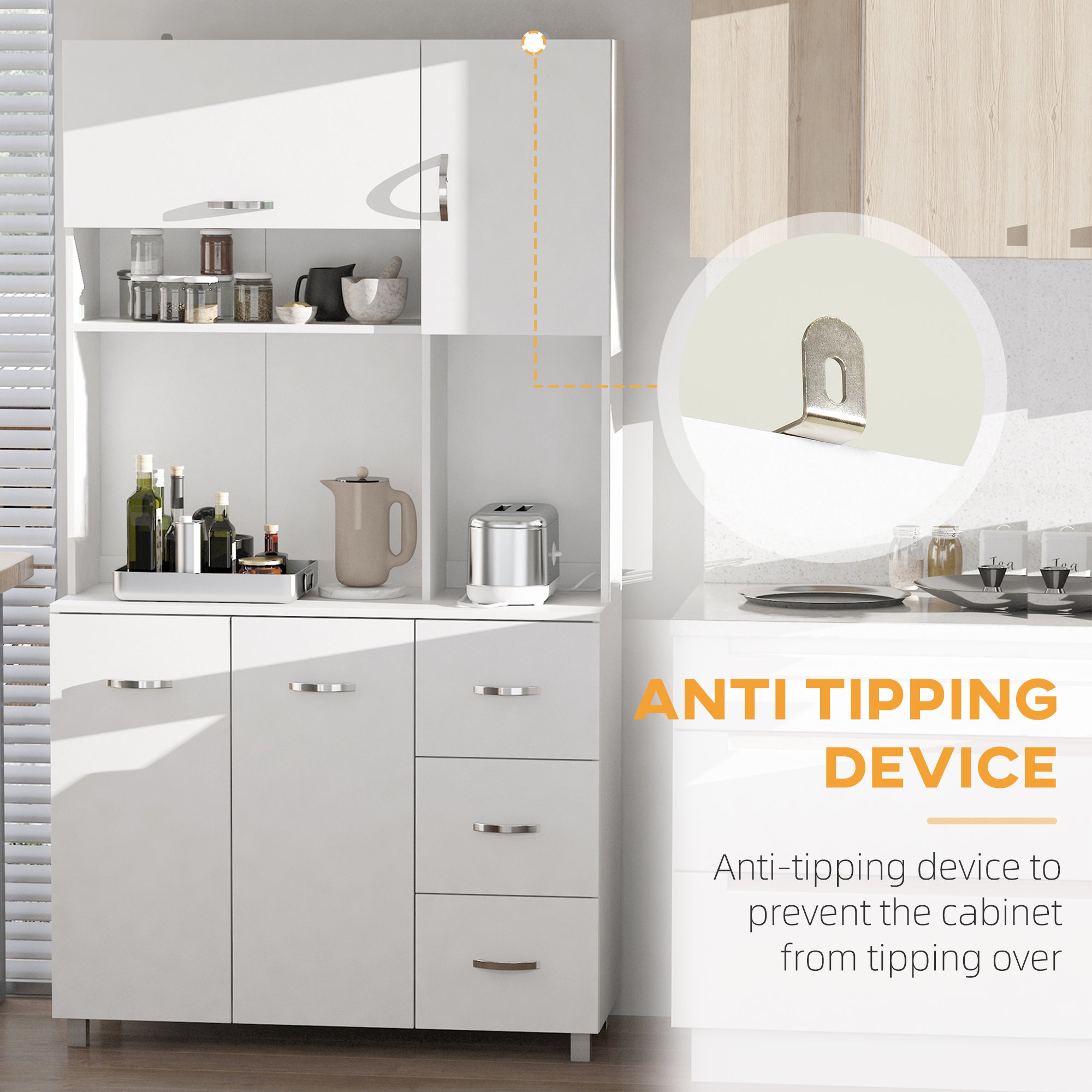 Kitchen Cupboard, 183cm Tall Storage Cabinet with Countertop, Sideboard with 3 Small Drawers, Flip Up Top Door, 3 Cabinet Doors and Open Shelves, 100W x 39.5D x 183.5H cm, White