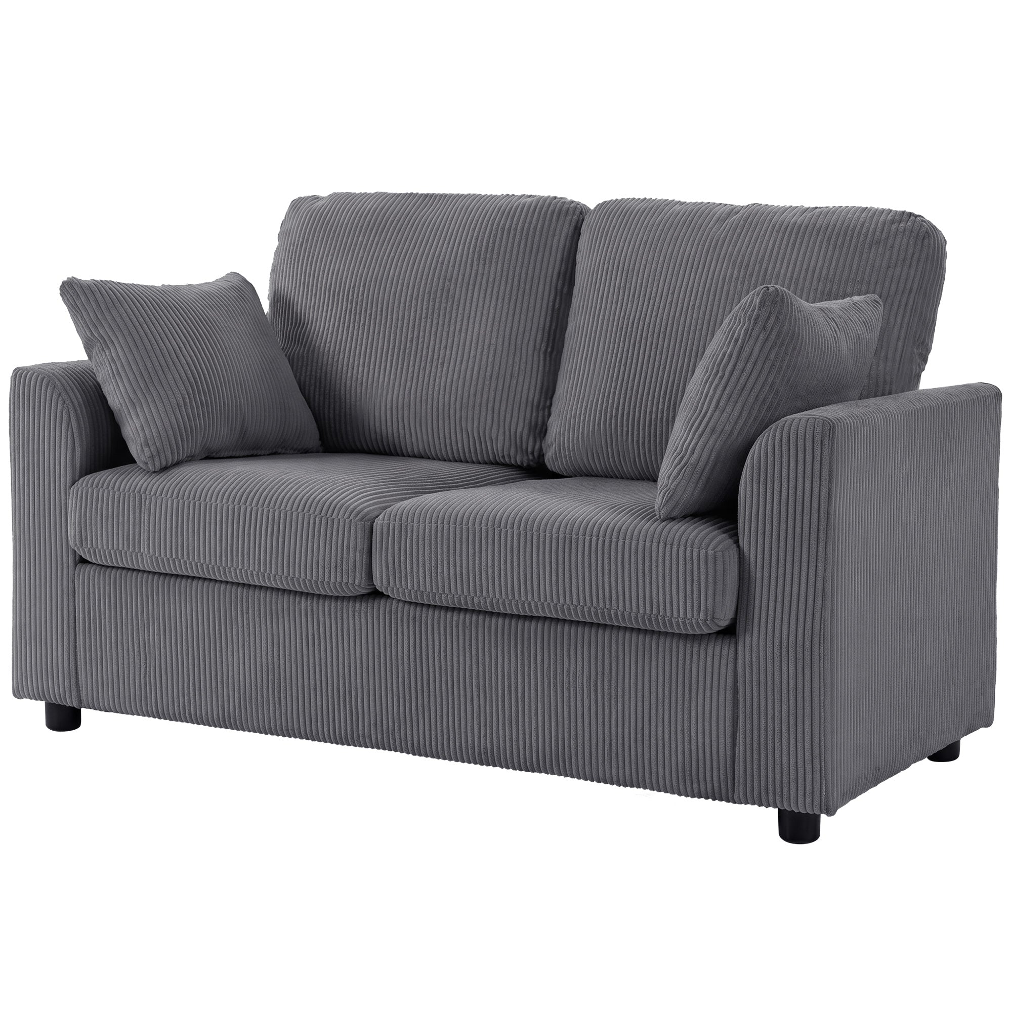 2 Seater Sofa, 144cm Corduroy Small Couch with Spring Cushion, Wide and Deep Seat, Plush Backrest, 2 Pillows, Loveseat Sofa Settee for Small Space, Living Room, Bedroom, Home Office, Dark Grey