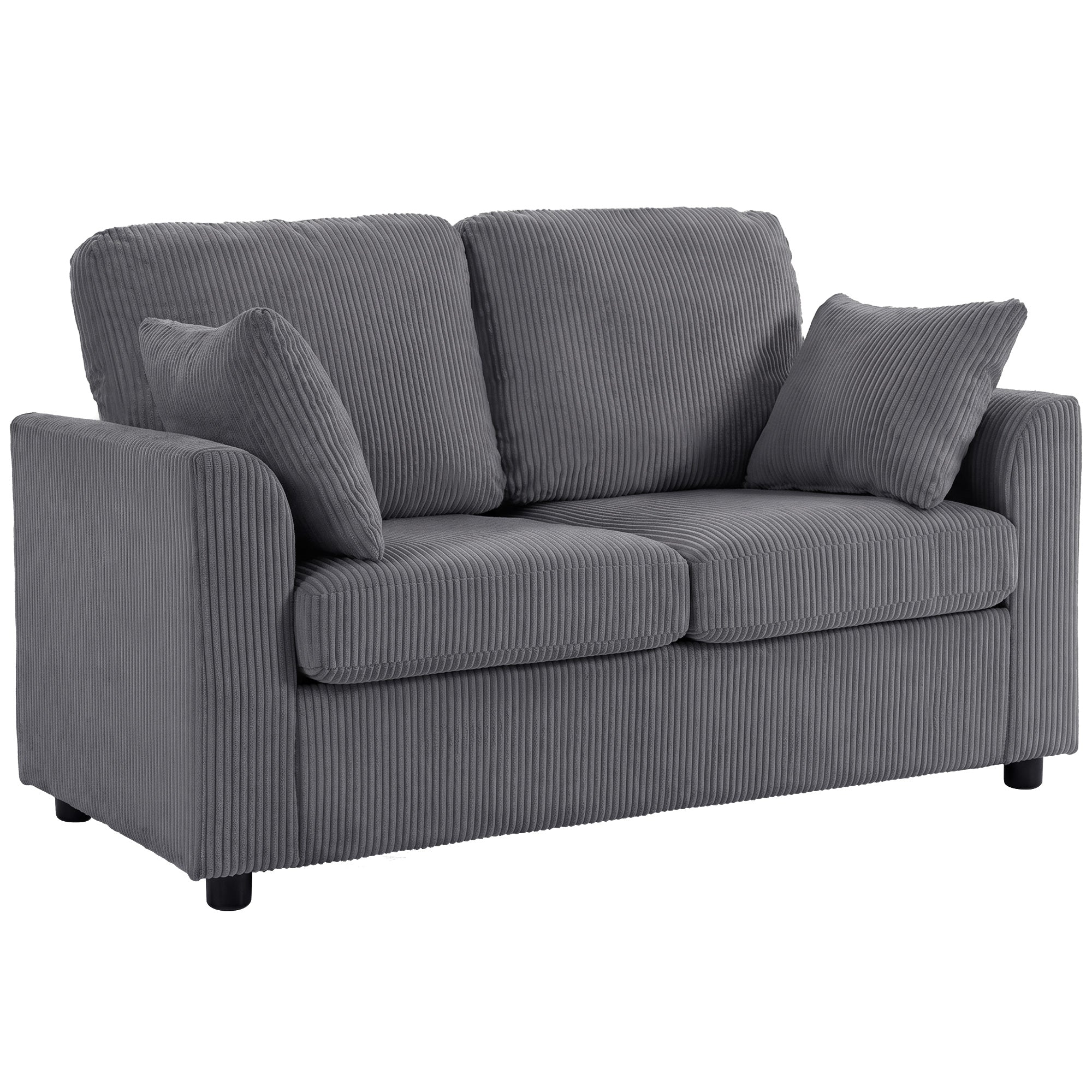 2 Seater Sofa, 144cm Corduroy Small Couch with Spring Cushion, Wide and Deep Seat, Plush Backrest, 2 Pillows, Loveseat Sofa Settee for Small Space, Living Room, Bedroom, Home Office, Dark Grey
