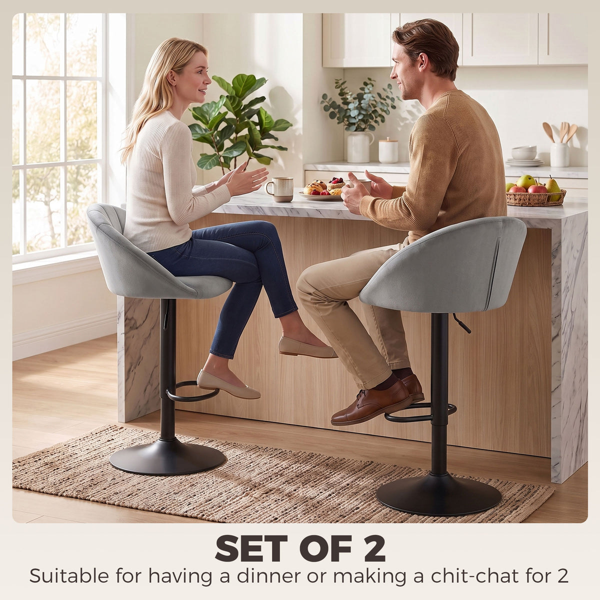 Breakfast Bar Stools Set of 2, Modern Velvet-Feel Swivel BarStools, Adjustable Counter Height Bar Chairs with Backrest and Footrest for Kitchen Island, Dining Room, Bar, Light Grey