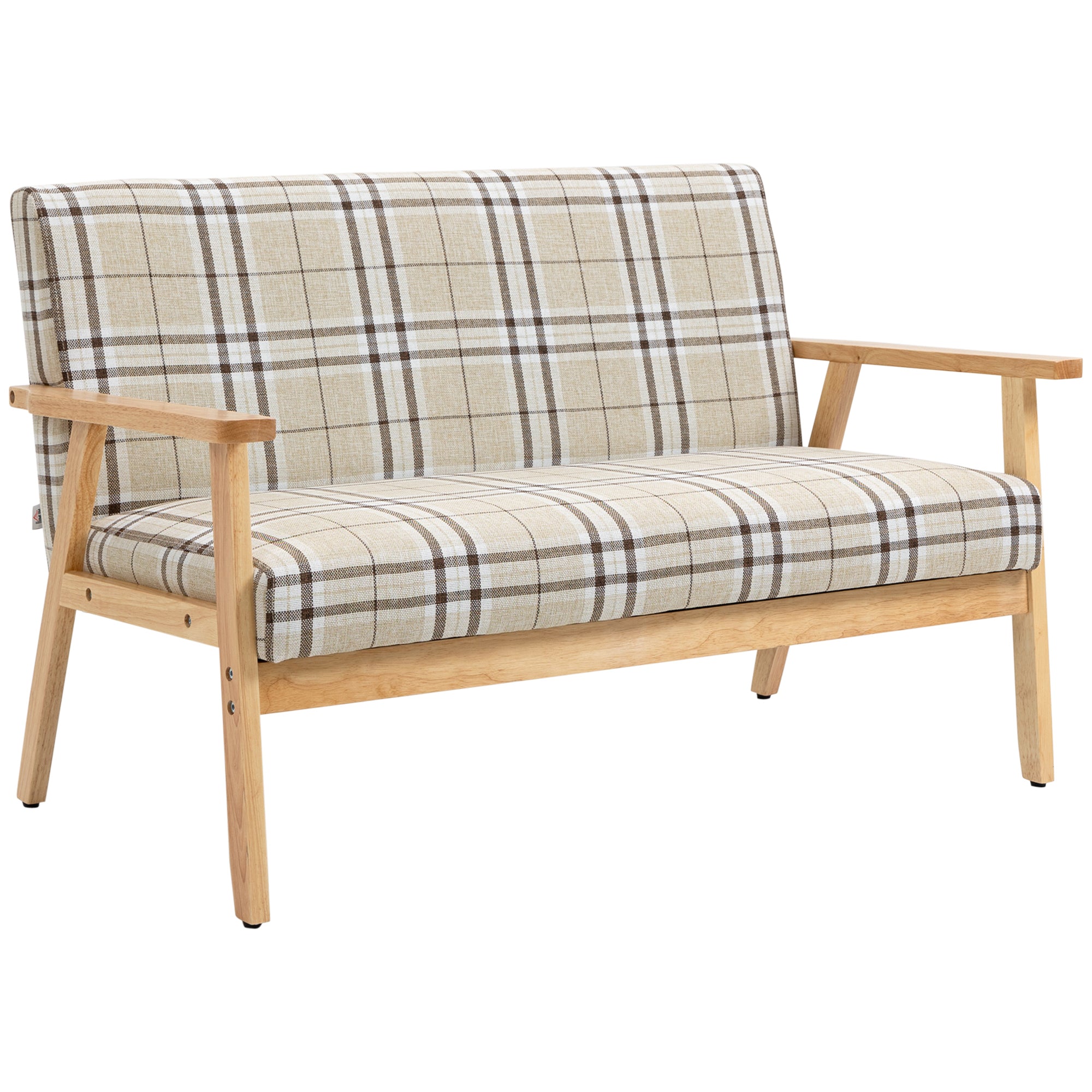 HOMCOM Modern Two Seater Sofa for Living Room, Linen Fabric Small Couch with Rubber Wood Frame, Armrests, Lattice Pattern, Upholstered Loveseat, Beige
