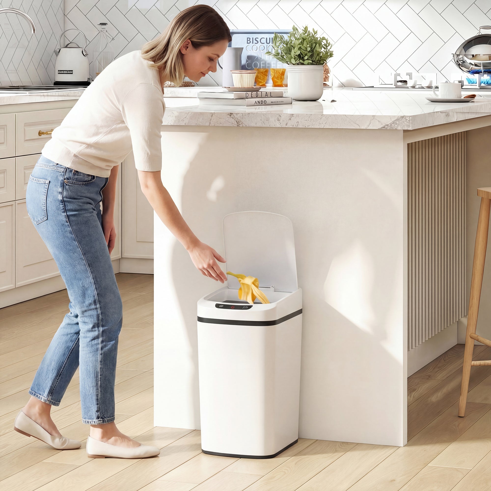 12L Sensor Bin, Automatic Touchless Motion Sensor Kitchen Bin, Compact Trash Can with Fingerprint Resistant Stainless Steel for Hygienic Gyms, Home Office Use, White