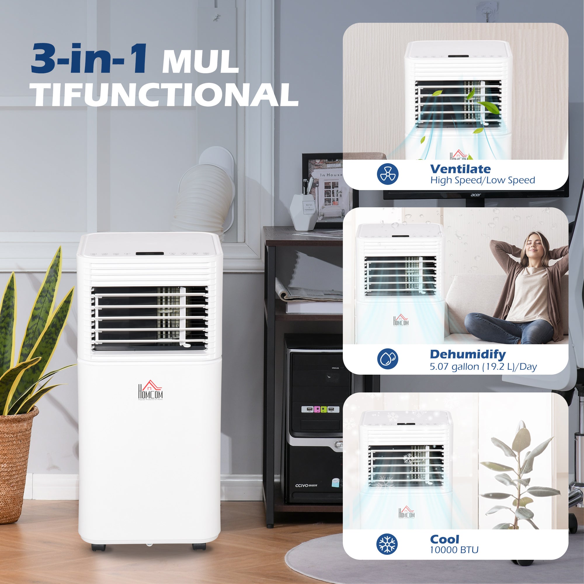 Portable Air Conditioner, 10,000 BTU Portable AC Unit with Dehumidifier & Fan, Sleep Modes, 24H Timer, Remote Control, Rooms up to 441 Sq. ft for Home, Office, White