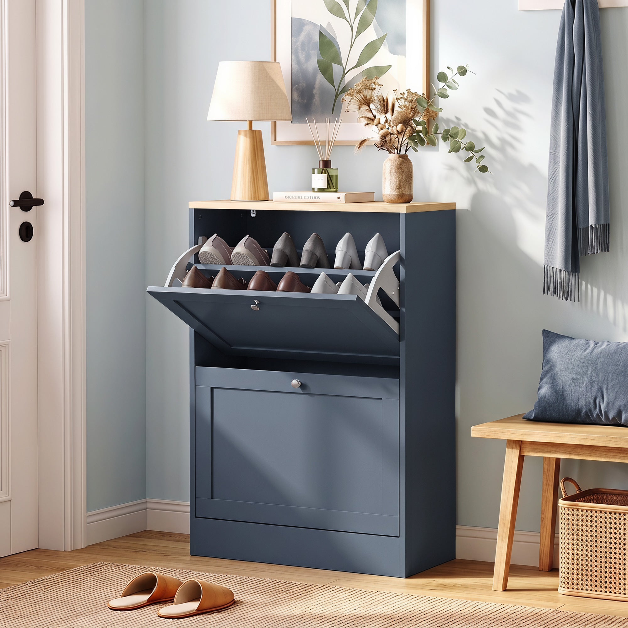 Shoe Storage Cabinet with 2 Flip Drawers, Wooden Freestanding Shoe Organizer with Adjustable Shelves for Entryway, Hallway, Blue