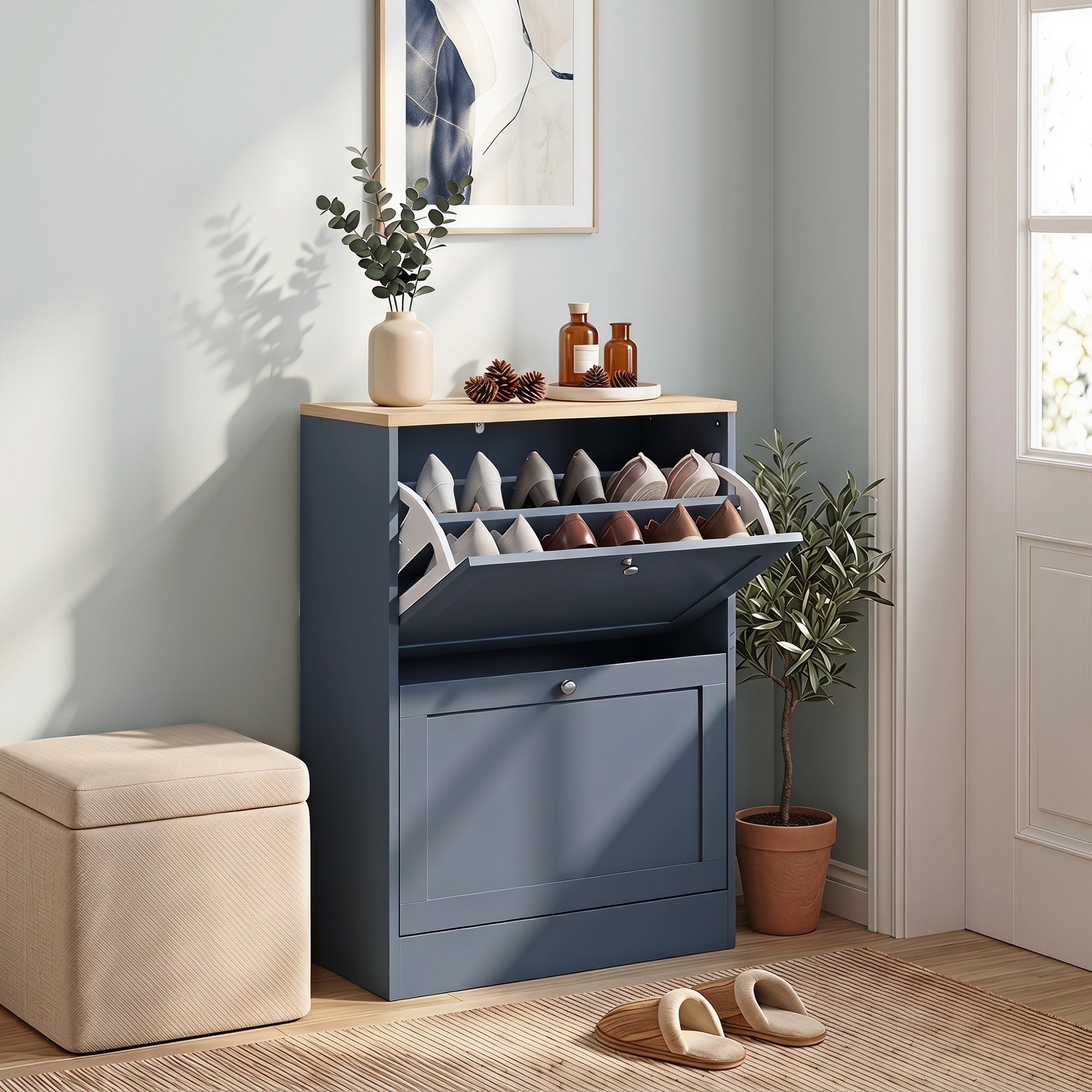 Shoe Storage Cabinet with 2 Flip Drawers, Wooden Freestanding Shoe Organizer with Adjustable Shelves for Entryway, Hallway, Blue