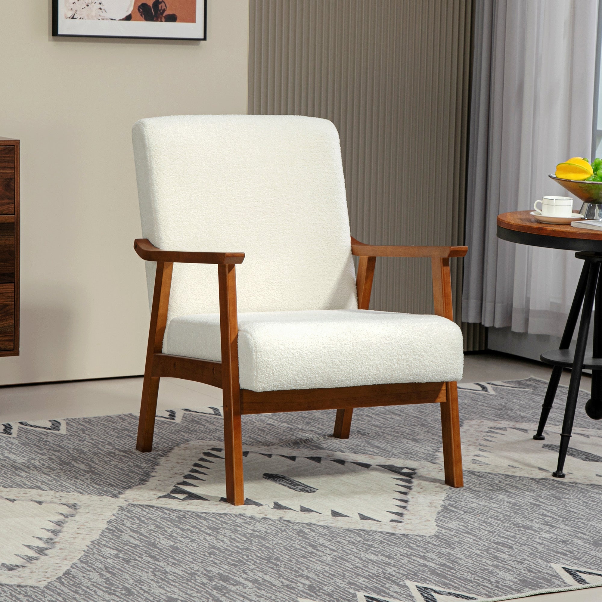 HOMCOM Accent Chair with Wide Seat, Boucle Armchair, Modern Living Room Chair with Solid Wood Frame and Thick Padding for Bedroom, White