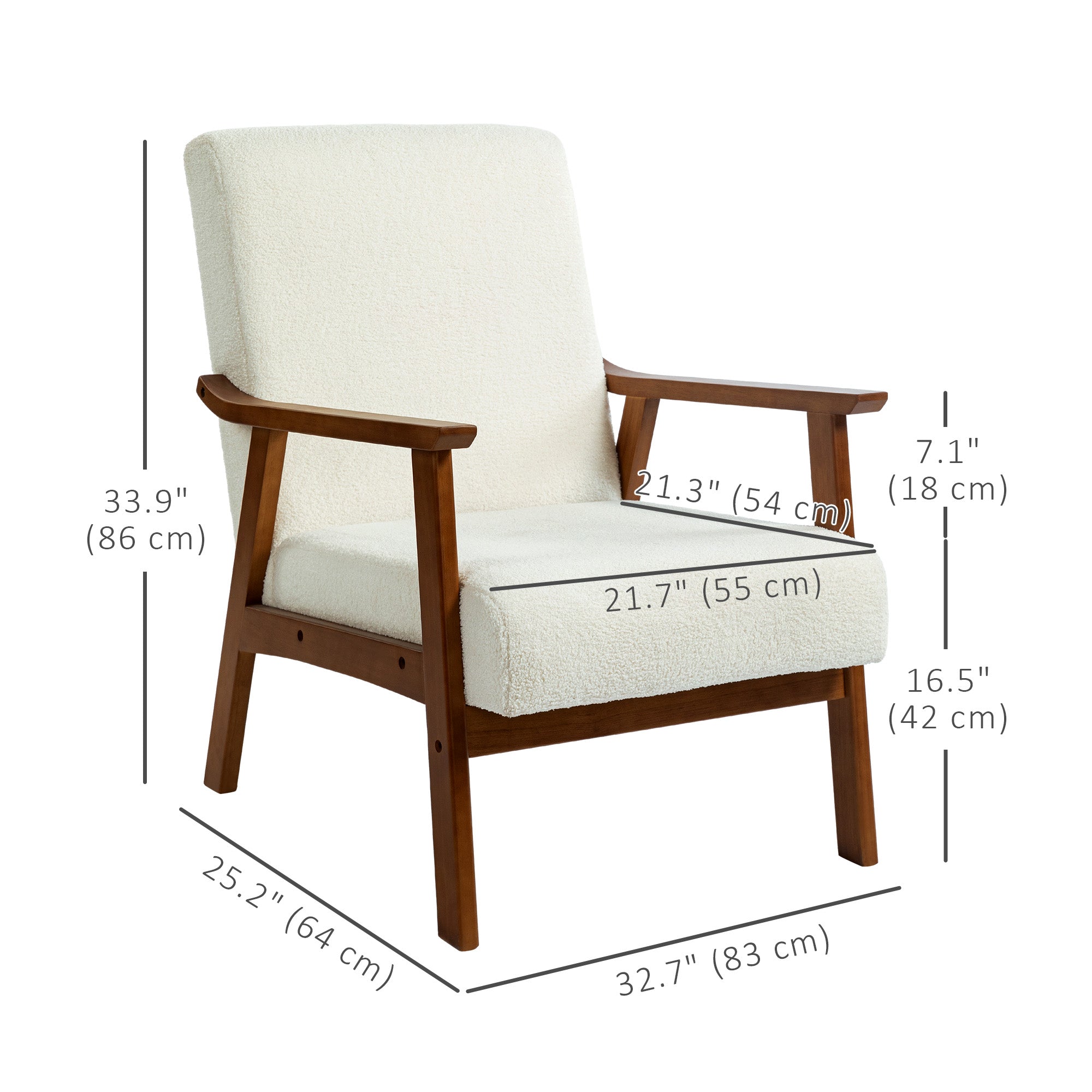 HOMCOM Accent Chair with Wide Seat, Boucle Armchair, Modern Living Room Chair with Solid Wood Frame and Thick Padding for Bedroom, White