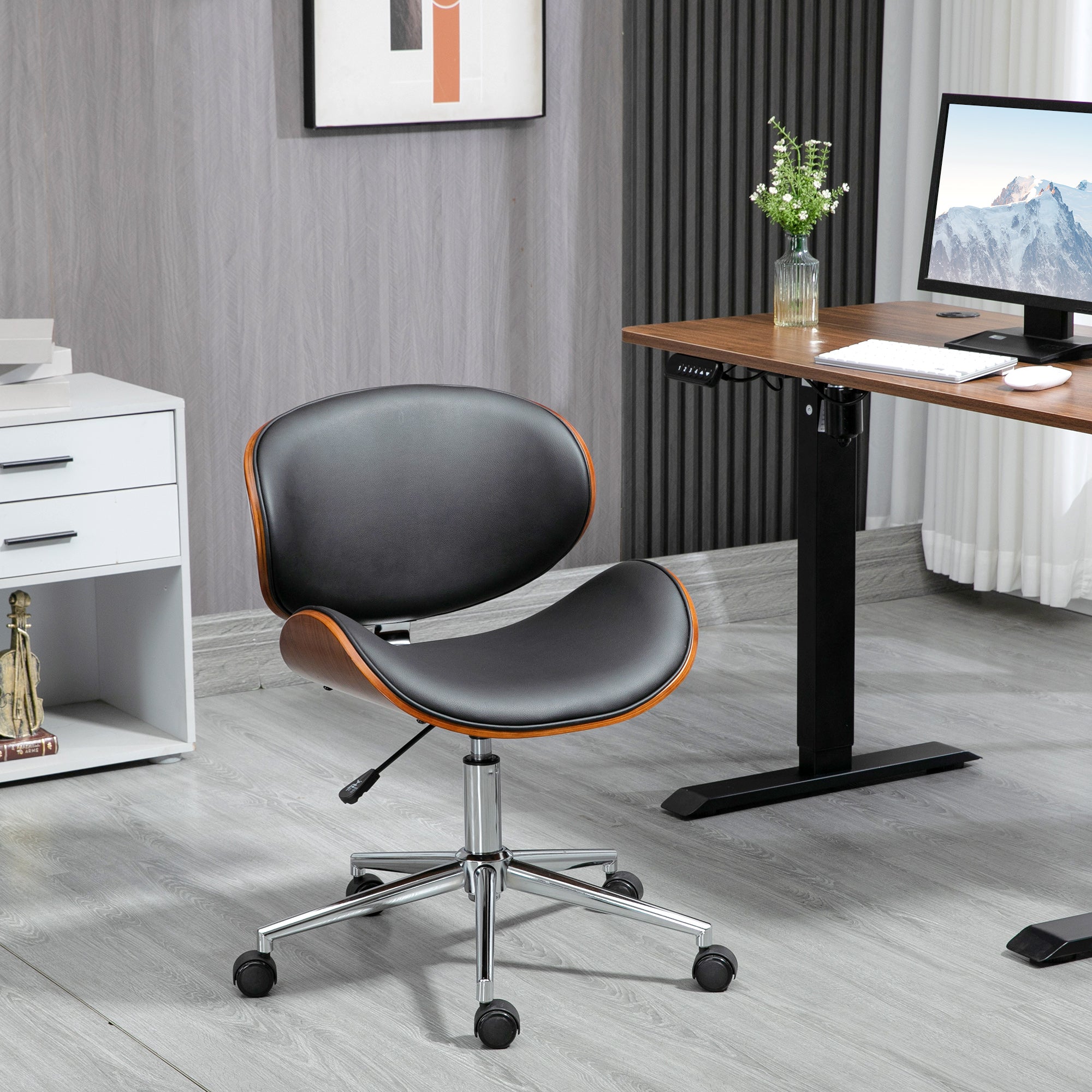 Vinsetto Home Office Chair, Faux Leather and Bentwood Computer Desk Chair with 360 Degree Swivel Wheels, Adjustable Height and Curved Seat, Black