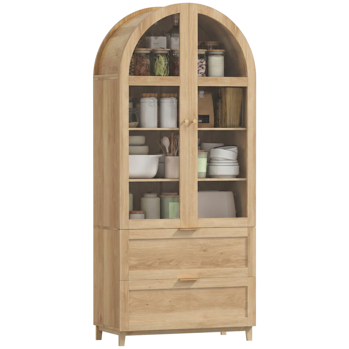 71" Tall Arched Kitchen Pantry Cabinet, Farmhouse Freestanding Kitchen Storage Cabinet with Adjustable Shelves, 2 Drawers, Acrylic Glass Doors for Dining Room, Oak Wood Grain
