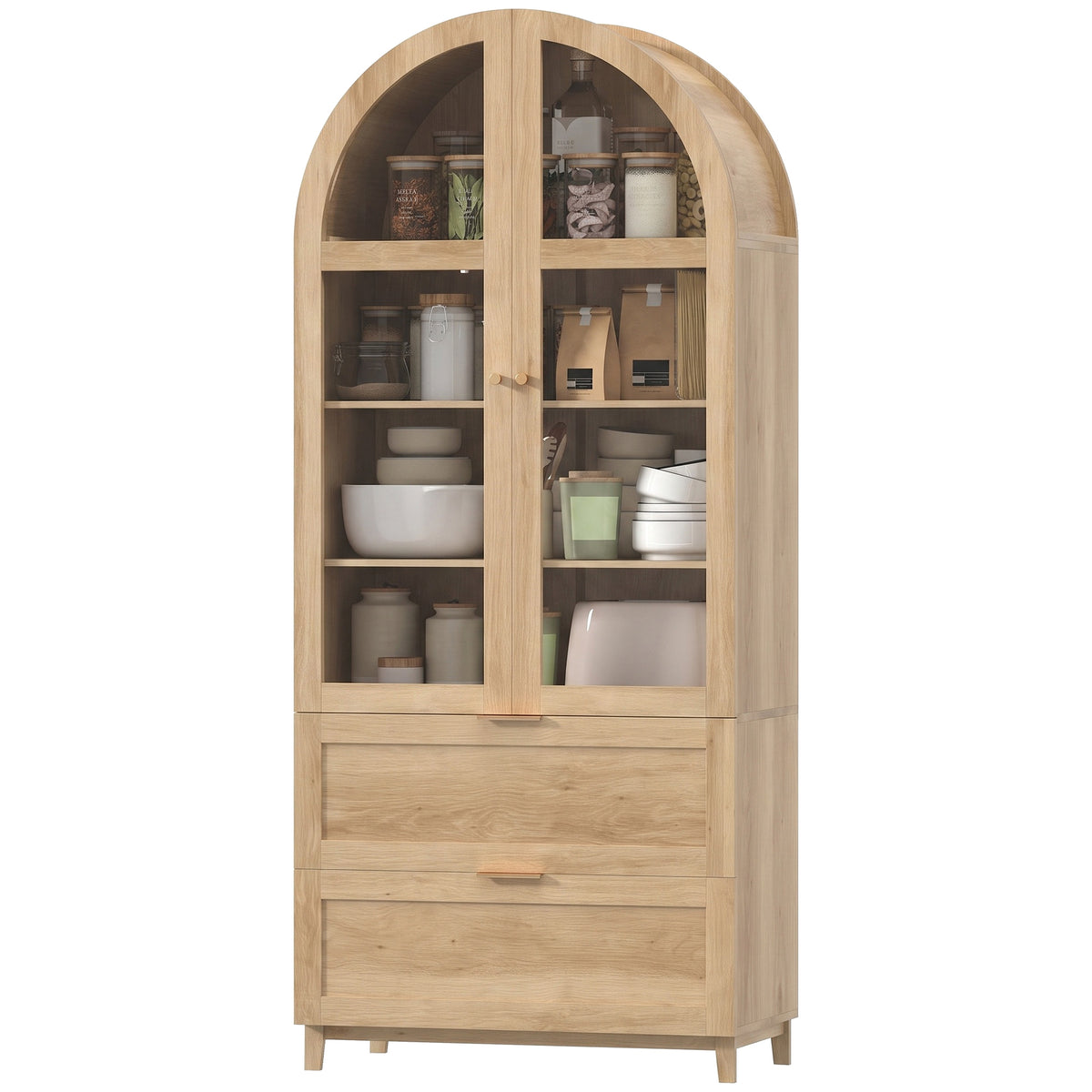 71" Tall Arched Kitchen Pantry Cabinet, Farmhouse Freestanding Kitchen Storage Cabinet with Adjustable Shelves, 2 Drawers, Acrylic Glass Doors for Dining Room, Oak Wood Grain