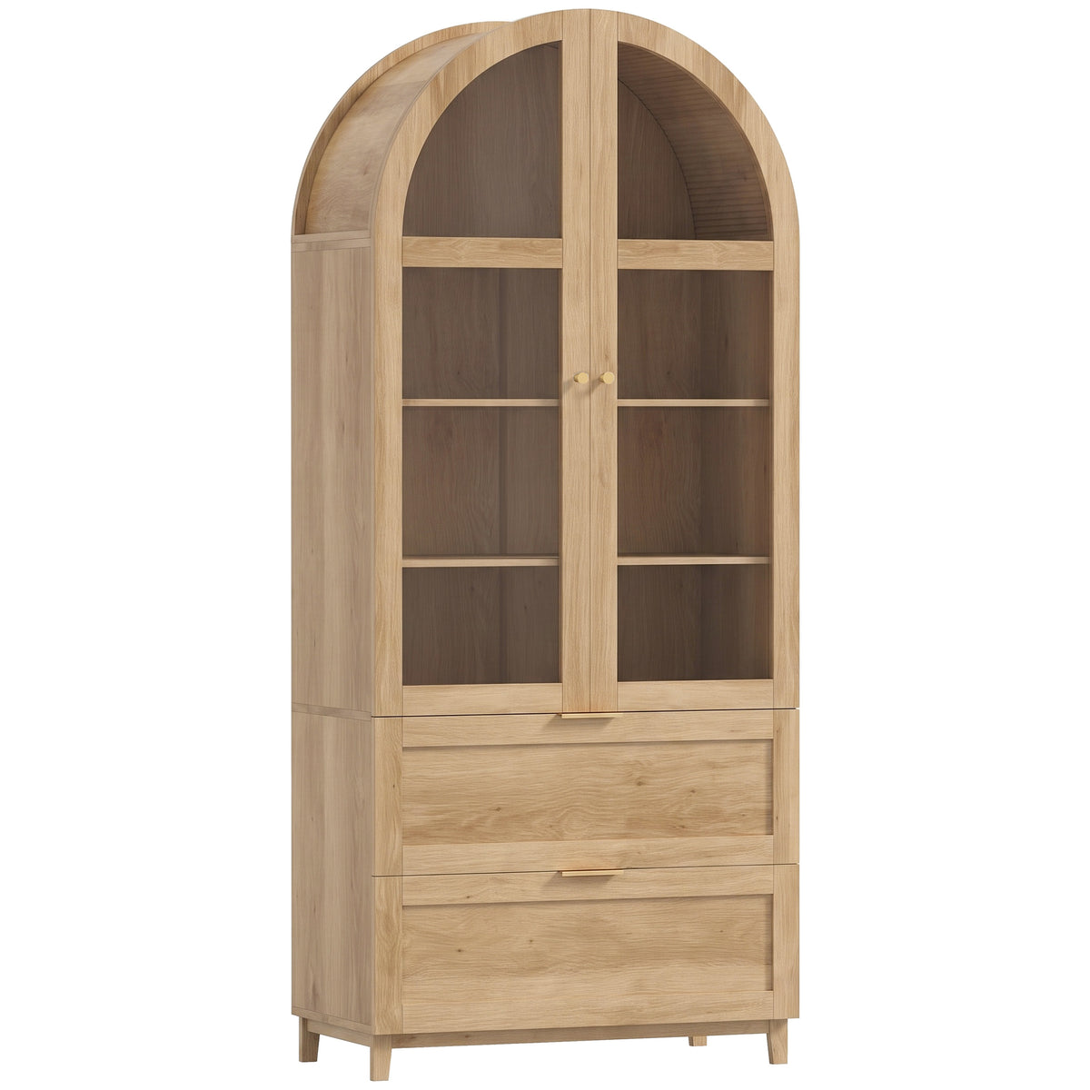 71" Tall Arched Kitchen Pantry Cabinet, Farmhouse Freestanding Kitchen Storage Cabinet with Adjustable Shelves, 2 Drawers, Acrylic Glass Doors for Dining Room, Oak Wood Grain
