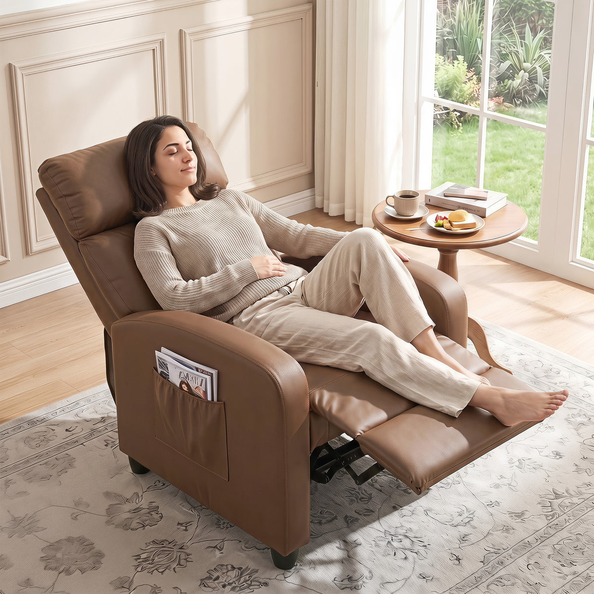 Recliner Armchair, Massage Faux Leather Push Back Reclining Chair with Adjustable Leg Rest, Side Pocket, for Home Living Room Theatre, Dark Brown