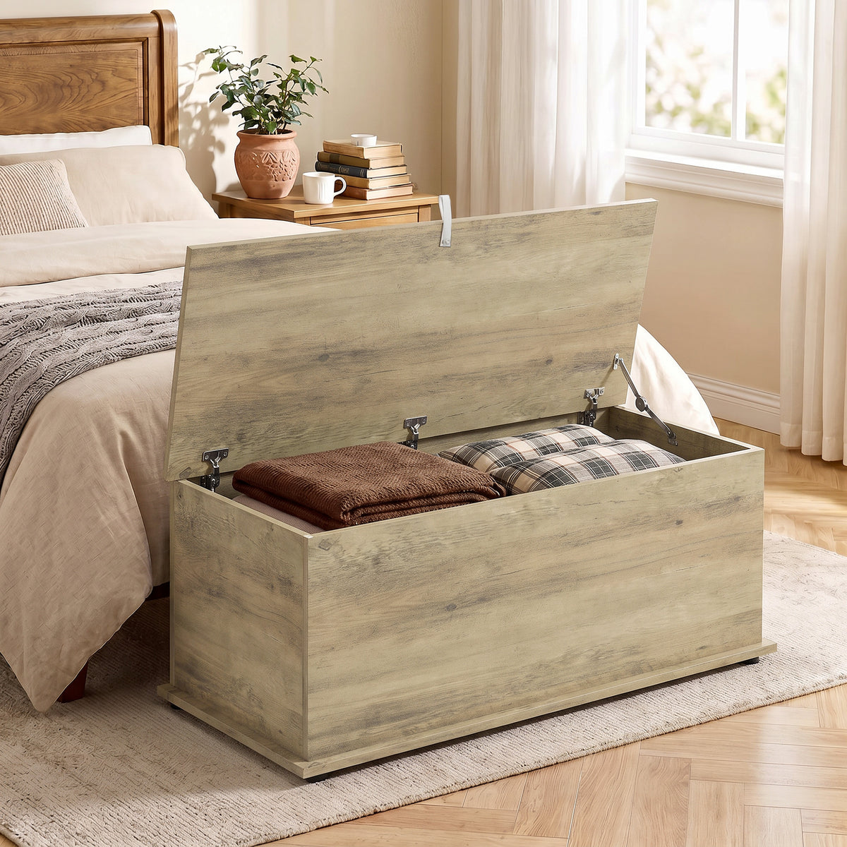 Storage Chest, Large 114L Blanket Box, Shoe Bench with Safety Hinged Lid, Storage Trunk, Bed End Bench for Bedroom, Hallway, Living room, Playroom, 100 x 40 x 40cm, Grey Wood Effect