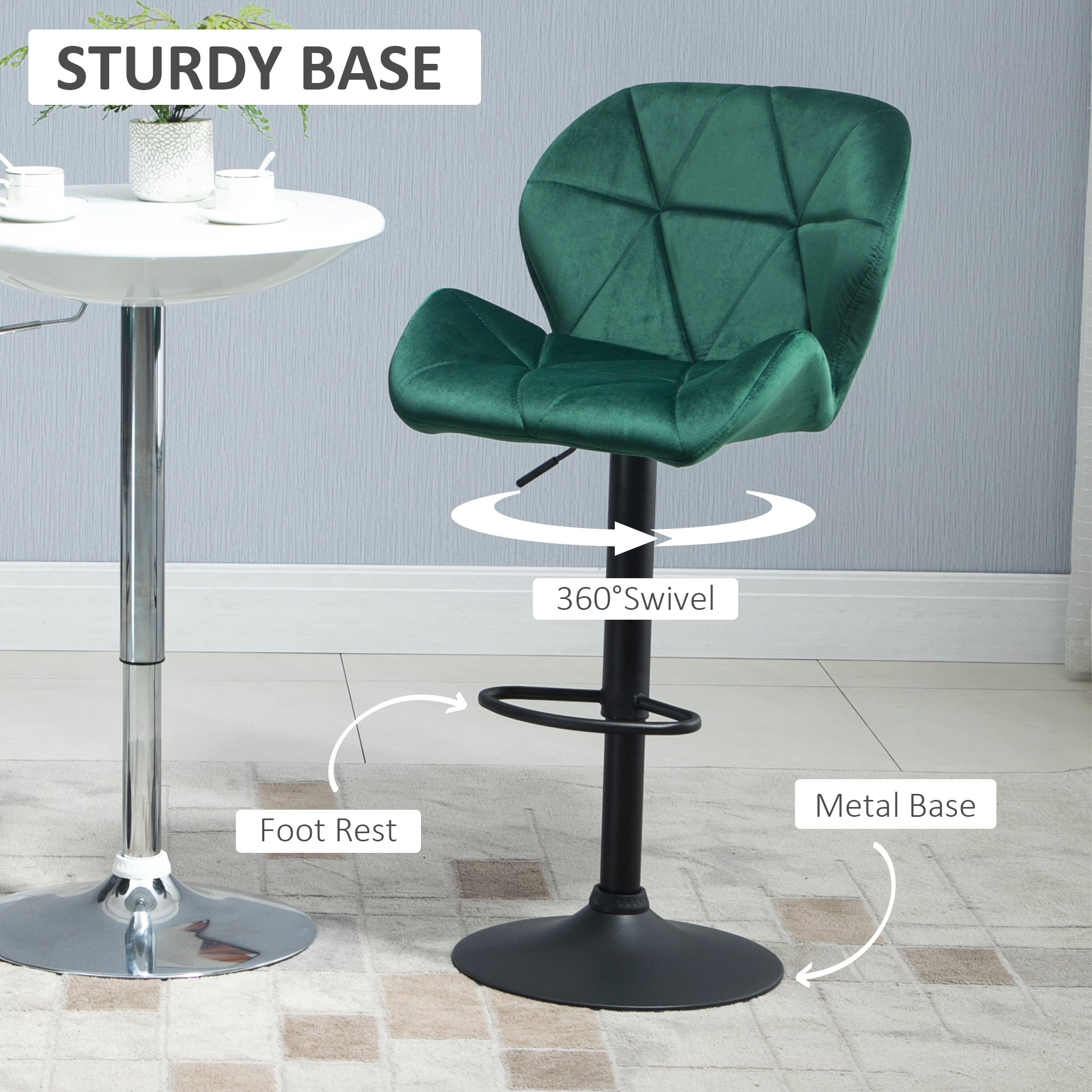 HOMCOM Adjustable Bar Stools Set of 2, Tufted Swivel Barstool with Back, Wide Seat and Footrest, Velvet Upholstered Bar Chairs for Kitchen, Dining Room, Green