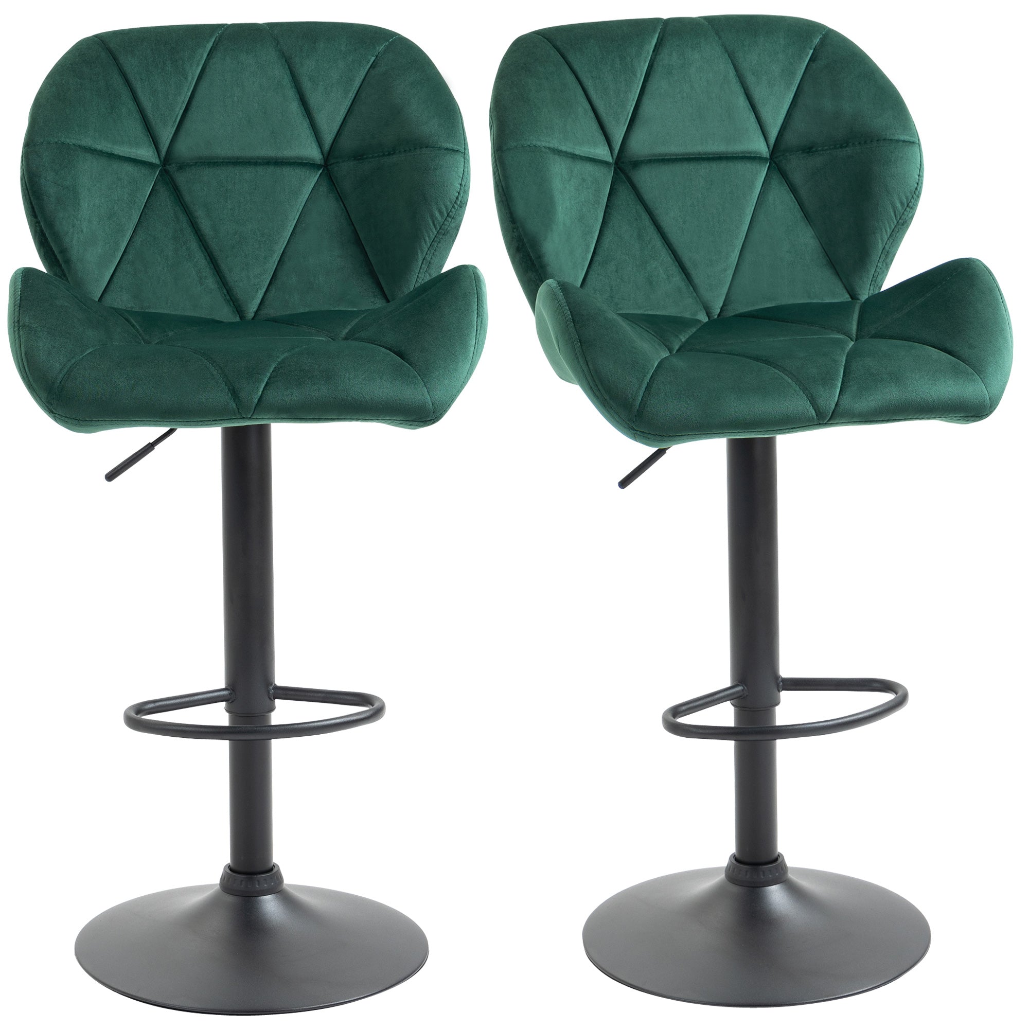 HOMCOM Adjustable Bar Stools Set of 2, Tufted Swivel Barstool with Back, Wide Seat and Footrest, Velvet Upholstered Bar Chairs for Kitchen, Dining Room, Green