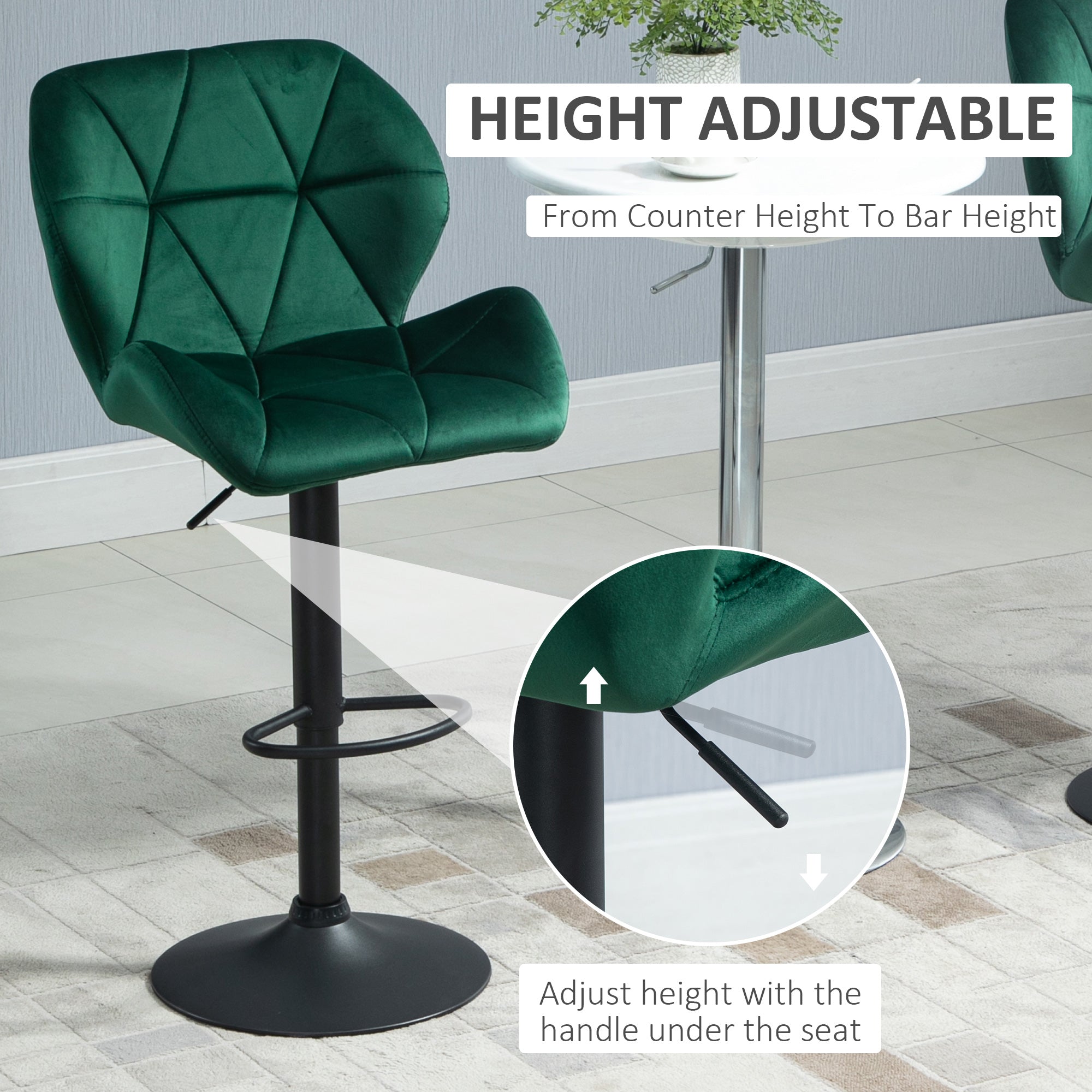 HOMCOM Adjustable Bar Stools Set of 2, Tufted Swivel Barstool with Back, Wide Seat and Footrest, Velvet Upholstered Bar Chairs for Kitchen, Dining Room, Green