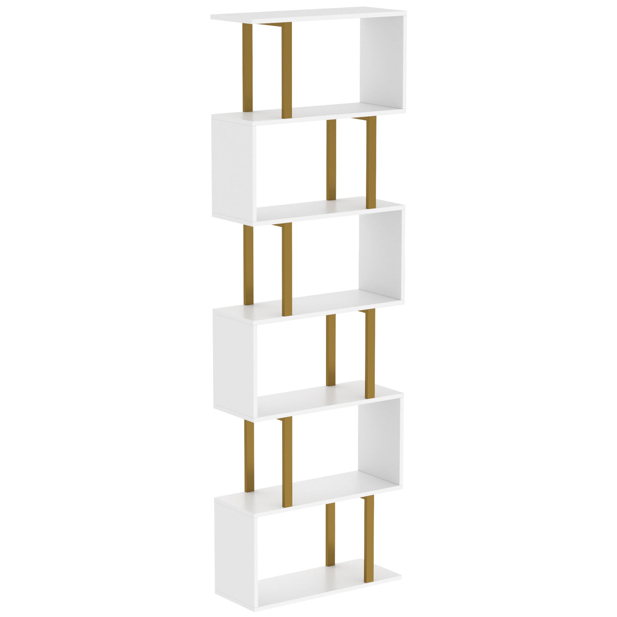 S-Shaped Bookshelf, 6-Tier Bookcase, Freestanding Storage Shelves with Anti-Tip Strap for Study, Living Room, White