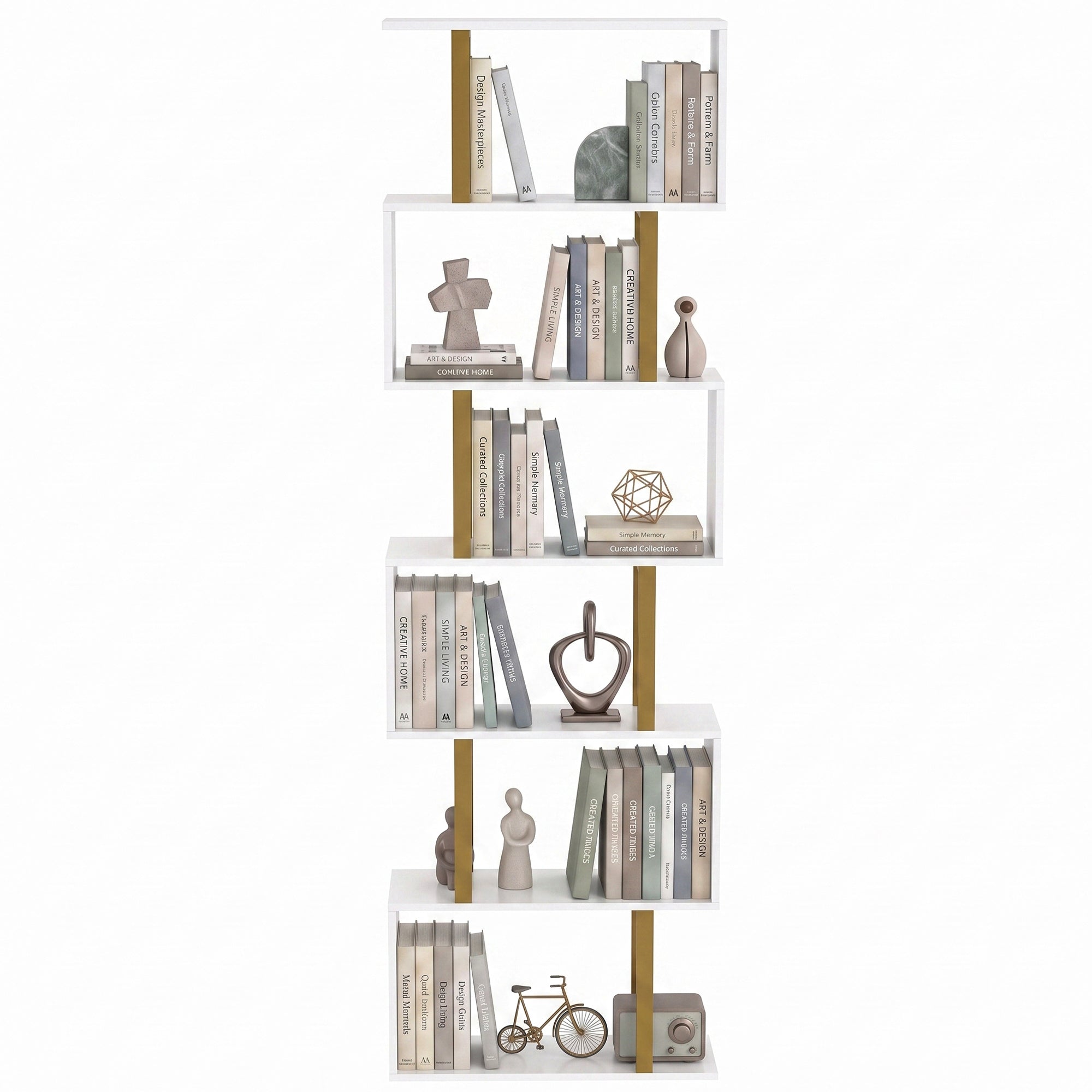 S-Shaped Bookshelf, 6-Tier Bookcase, Freestanding Storage Shelves with Anti-Tip Strap for Study, Living Room, White