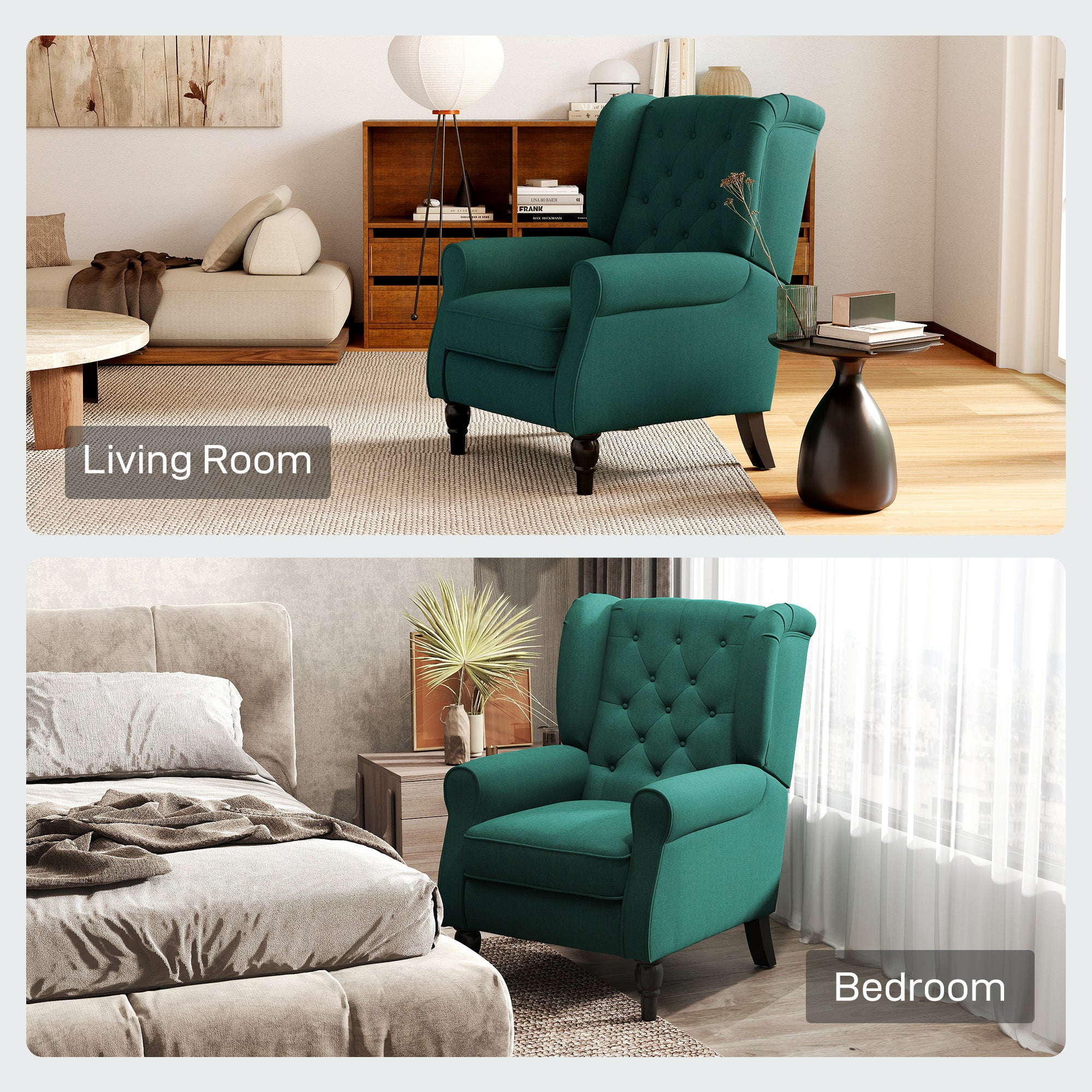 Retro Accent Chair, Linen Wingback Armchair with Wood Frame Button Tufted Design for Living Room Bedroom, Dark Green