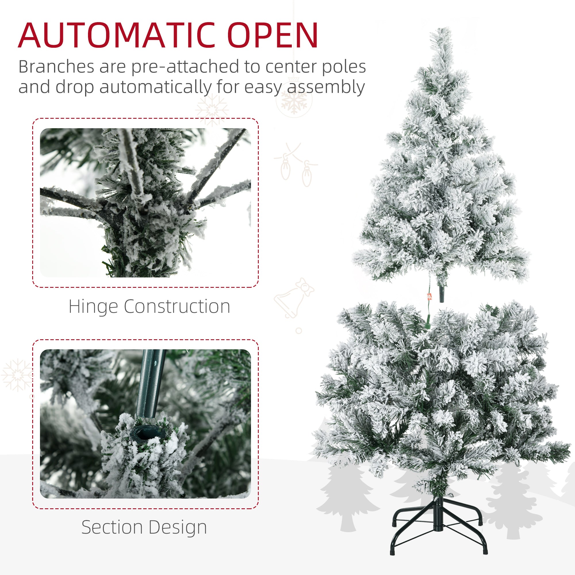 HOMCOM 4.5ft Pre Lit Snow Flocked Artificial Christmas Tree Holiday Décor with 150 Warm White or Colourful LED Lights and 311 Tips, Steel Base