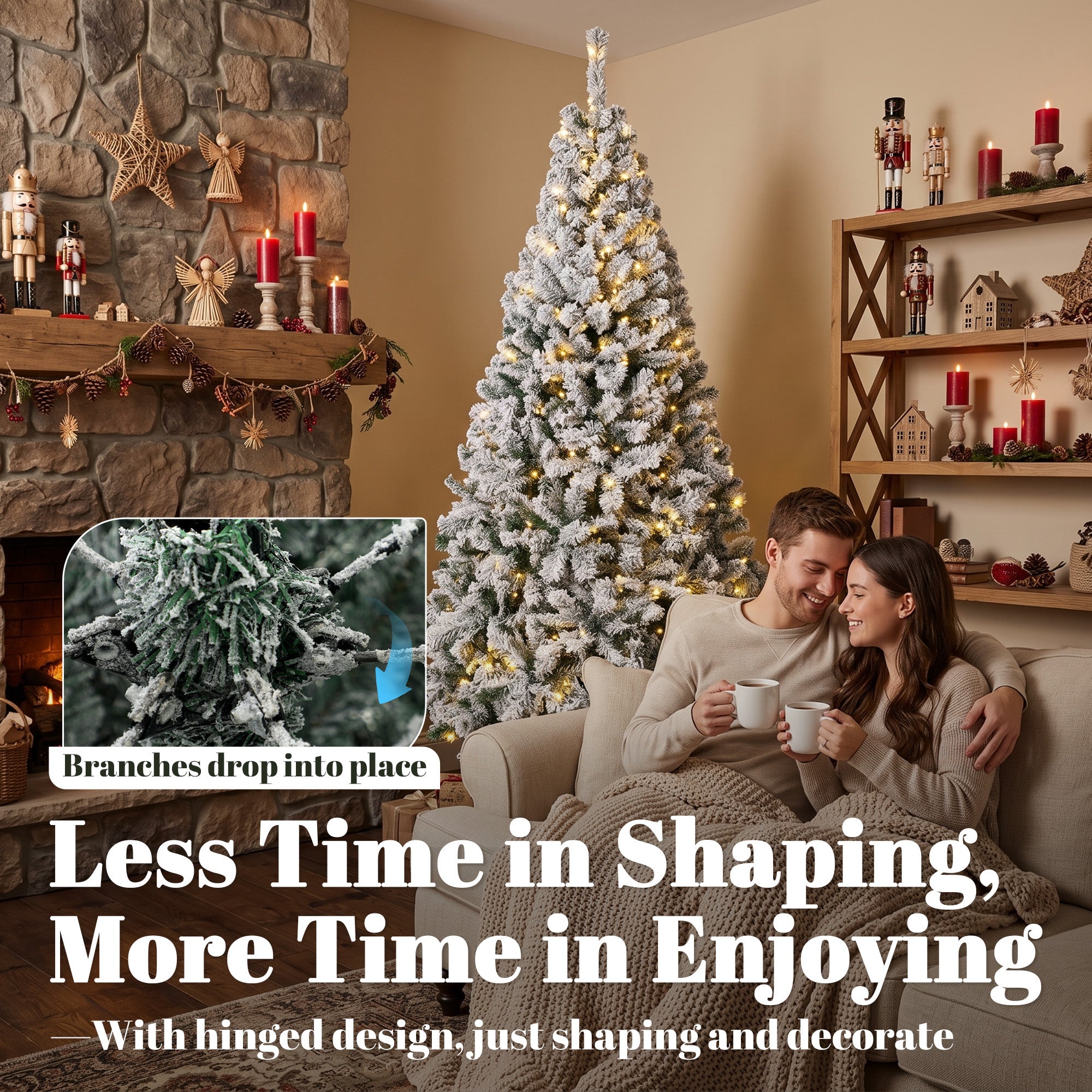 6ft Flocked Prelit Christmas Tree, Fraser Fir, Hinged Xmas Tree with 790 Branch Tips, 220 Warm White LED Lights, Foldable Metal Base for Indoor Holiday Decor, Green White