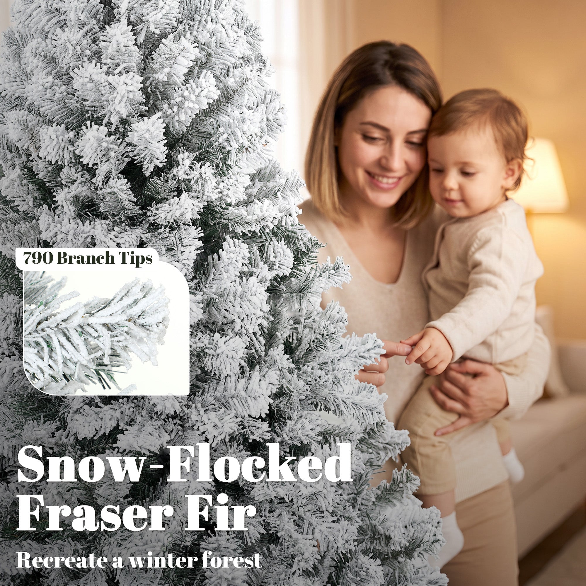 6ft Flocked Prelit Christmas Tree, Fraser Fir, Hinged Xmas Tree with 790 Branch Tips, 220 Warm White LED Lights, Foldable Metal Base for Indoor Holiday Decor, Green White