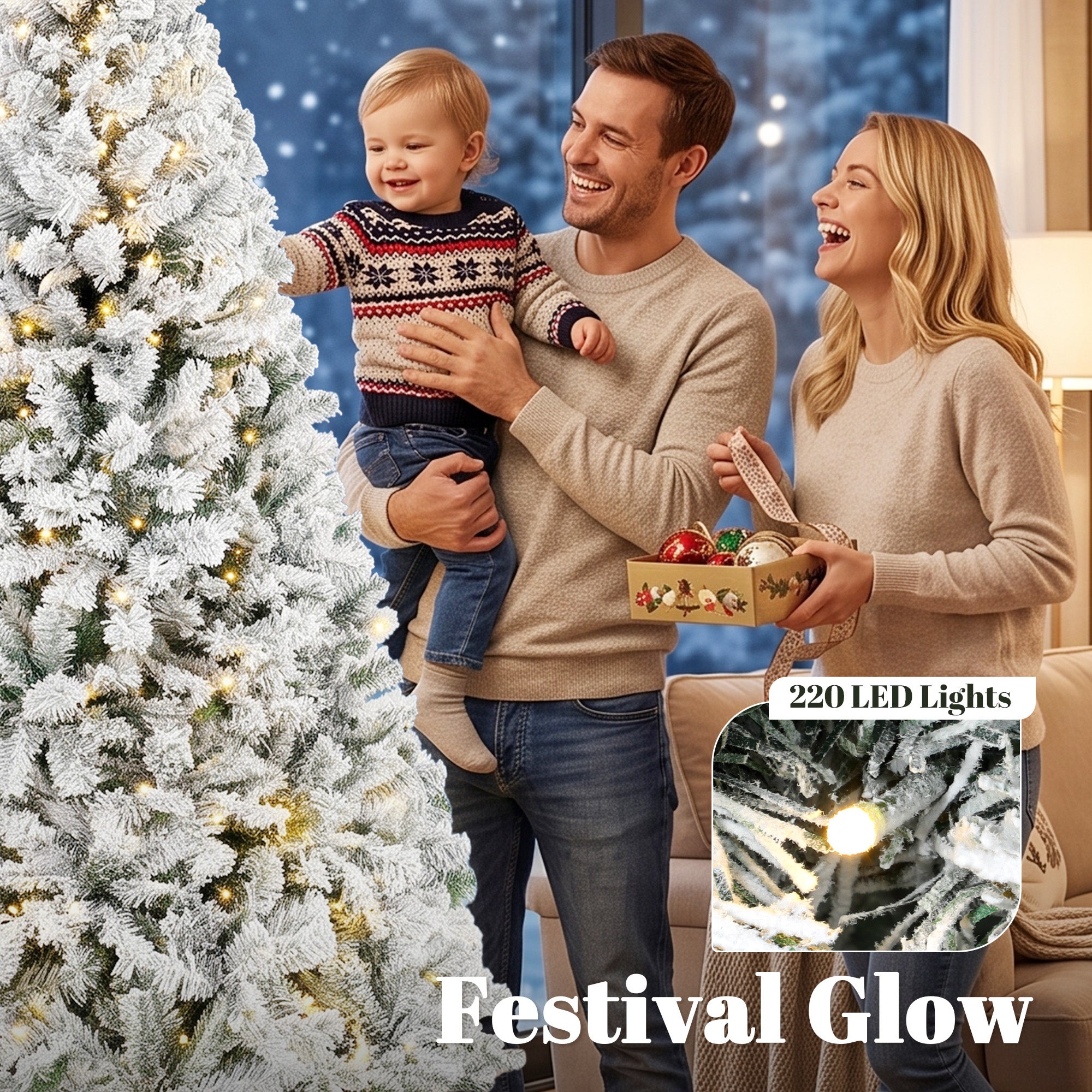 6ft Flocked Prelit Christmas Tree, Fraser Fir, Hinged Xmas Tree with 790 Branch Tips, 220 Warm White LED Lights, Foldable Metal Base for Indoor Holiday Decor, Green White