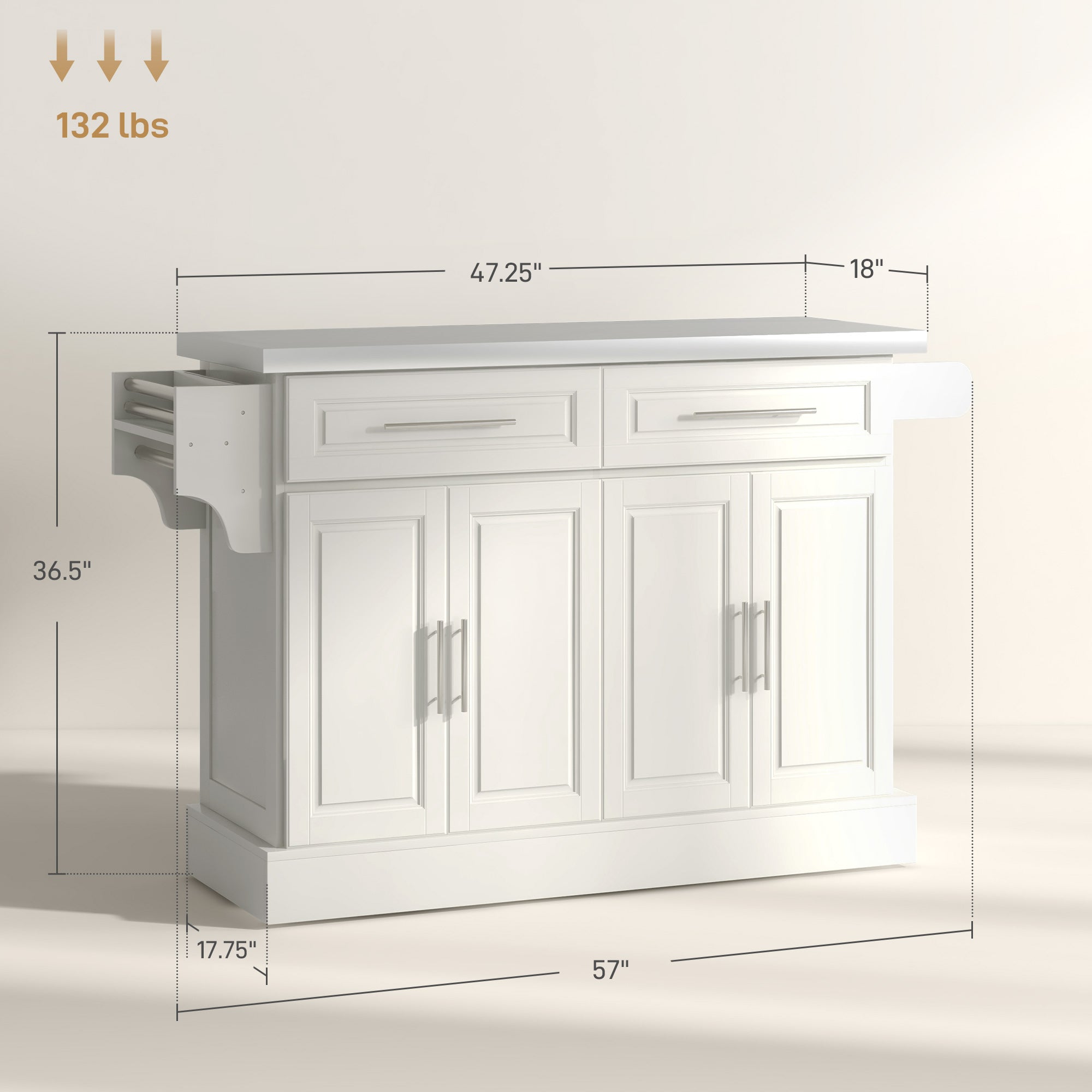 Narrow Kitchen Island Serving Island on Wheels with Drawers Spice Rack for Dining Room Cream