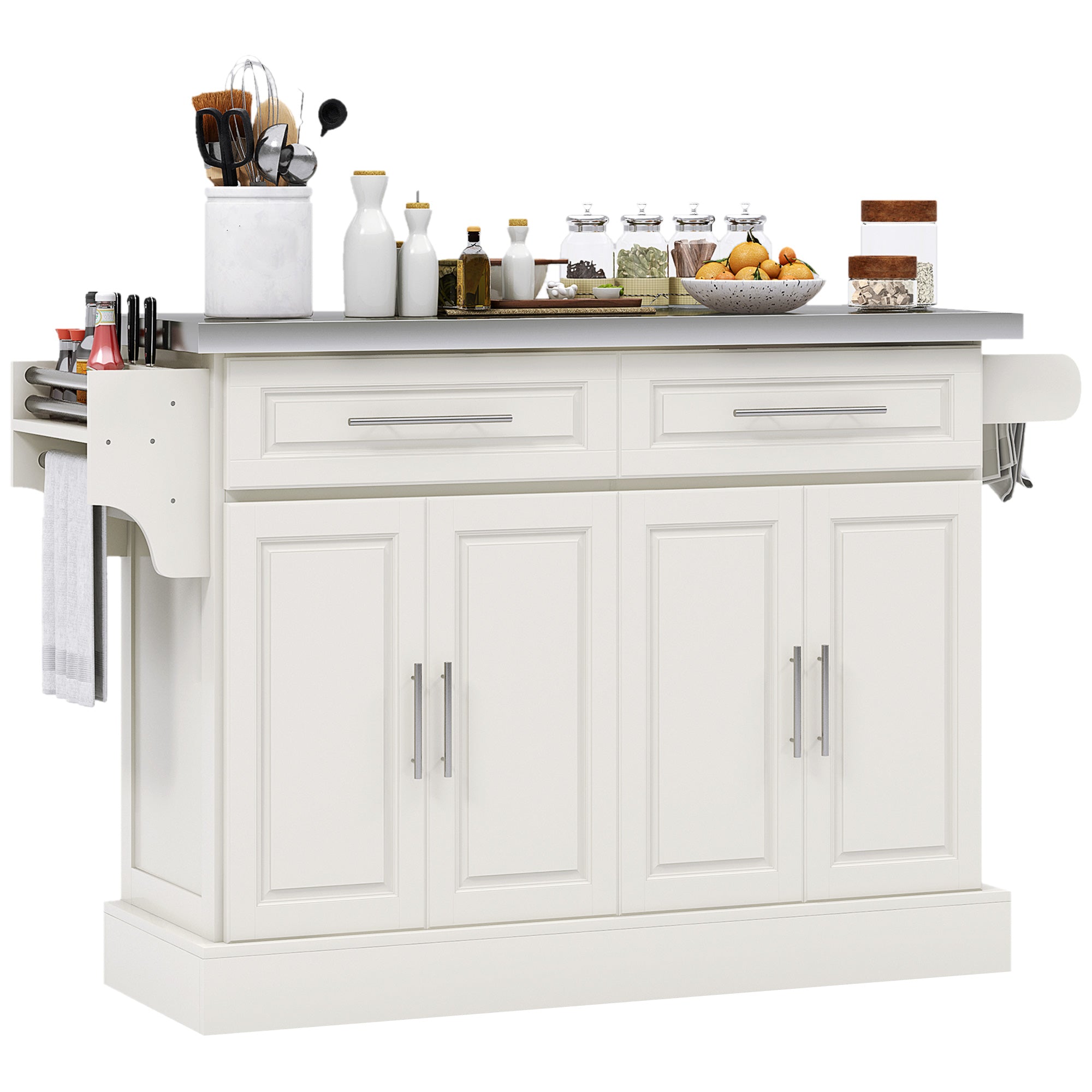 Narrow Kitchen Island Serving Island on Wheels with Drawers Spice Rack for Dining Room Cream