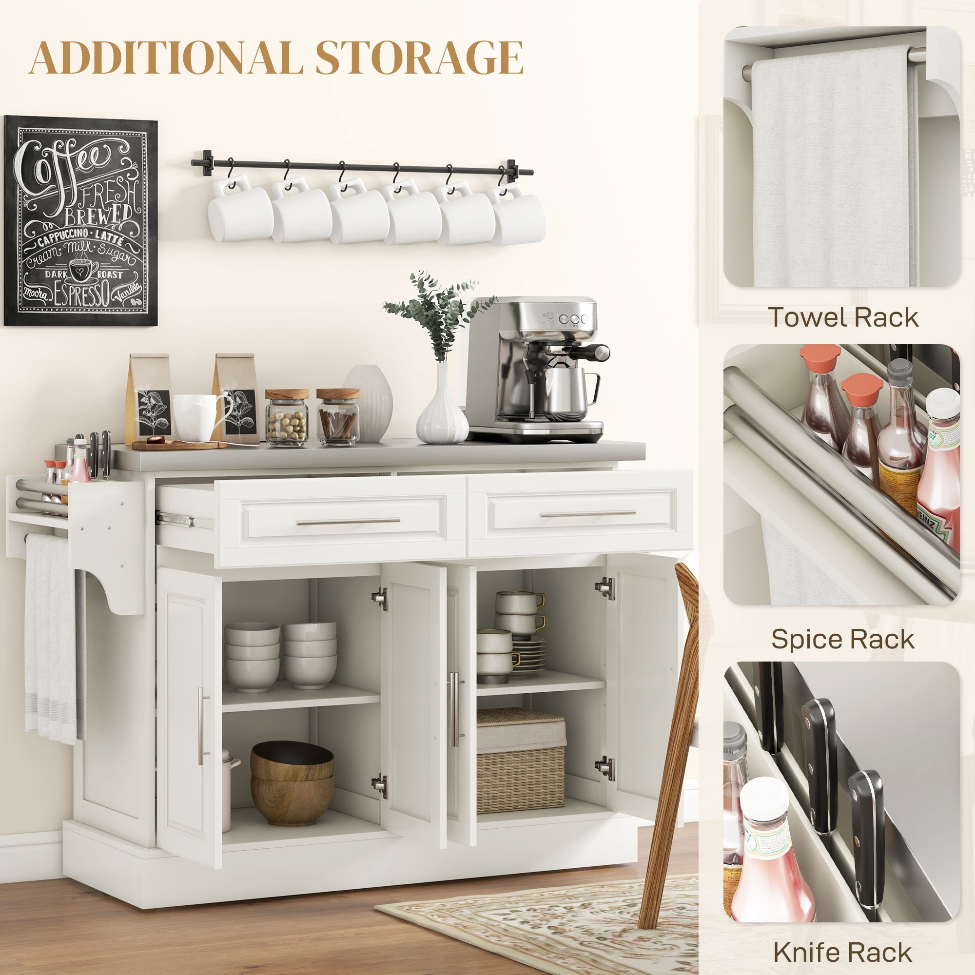 Narrow Kitchen Island Serving Island on Wheels with Drawers Spice Rack for Dining Room Cream